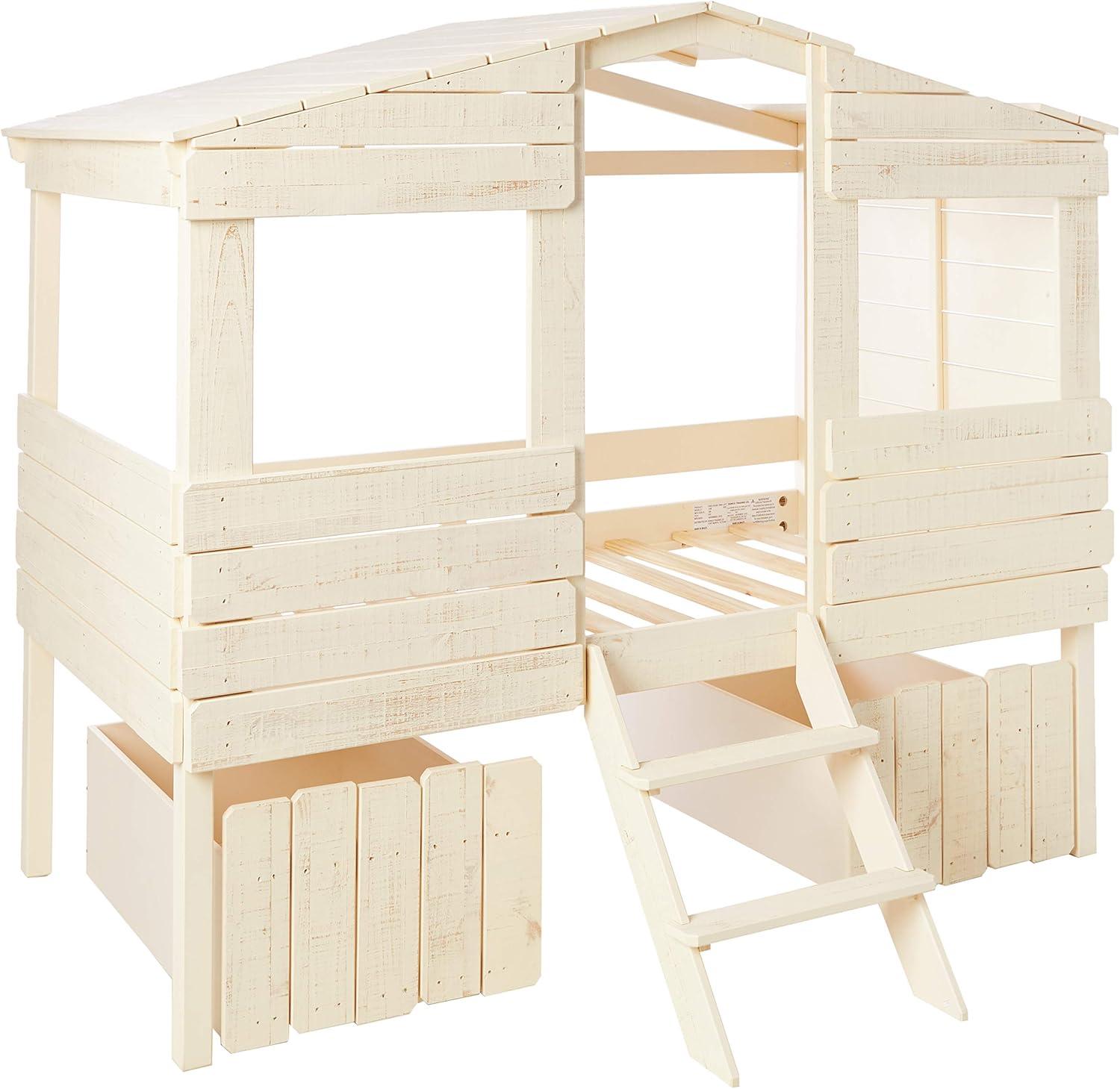 Rustic Sand Twin Pine Loft Bed with Storage Drawers