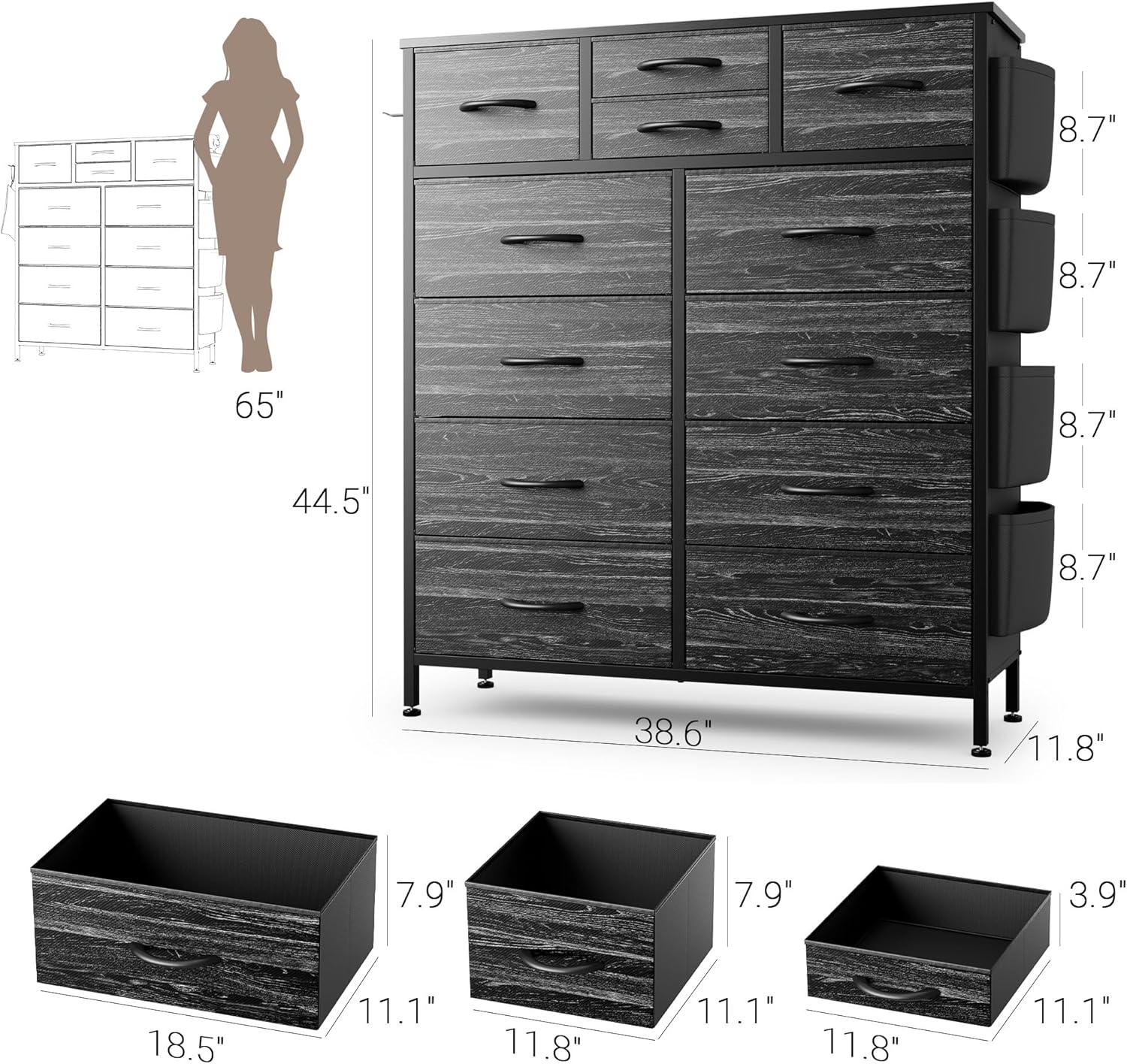 Black Tall Dresser with 12 Fabric Drawers and Side Pockets