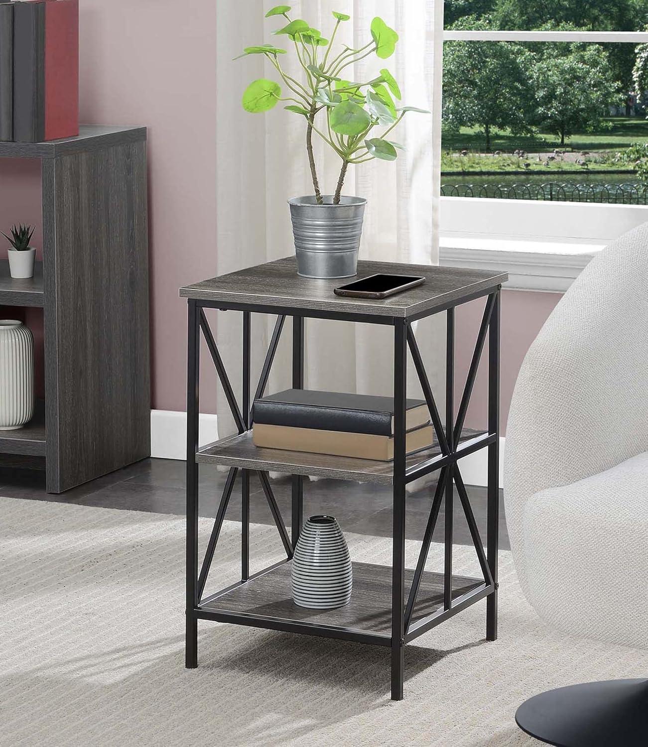 Convenience Concepts Tucson Starburst End Table with Shelves, Weathered Gray/Black