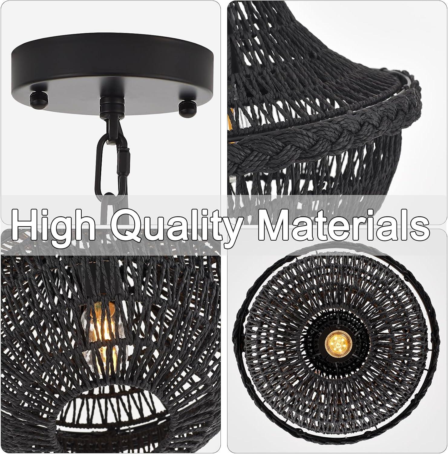 19.69" Boho Black Rattan Chandelier Vintage 4-Lights Farmhouse Hand-Woven Bamboo Basket Chandelier Light Fixture Rustic Wicker Rattan Chandeliers for Dining Room, Kitchen, Living Room