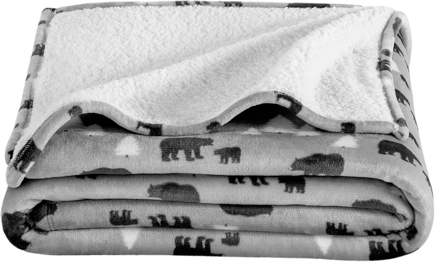 Bare Home Printed Sherpa Fleece Blanket - Warm & Lightweight - Soft Plush Blanket - Reversible