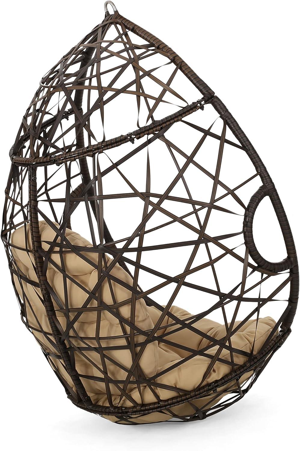Cayuse Wicker Tear Drop Hanging Chair - Brown/Tan - Christopher Knight Home: Outdoor Patio Swing with Cushion