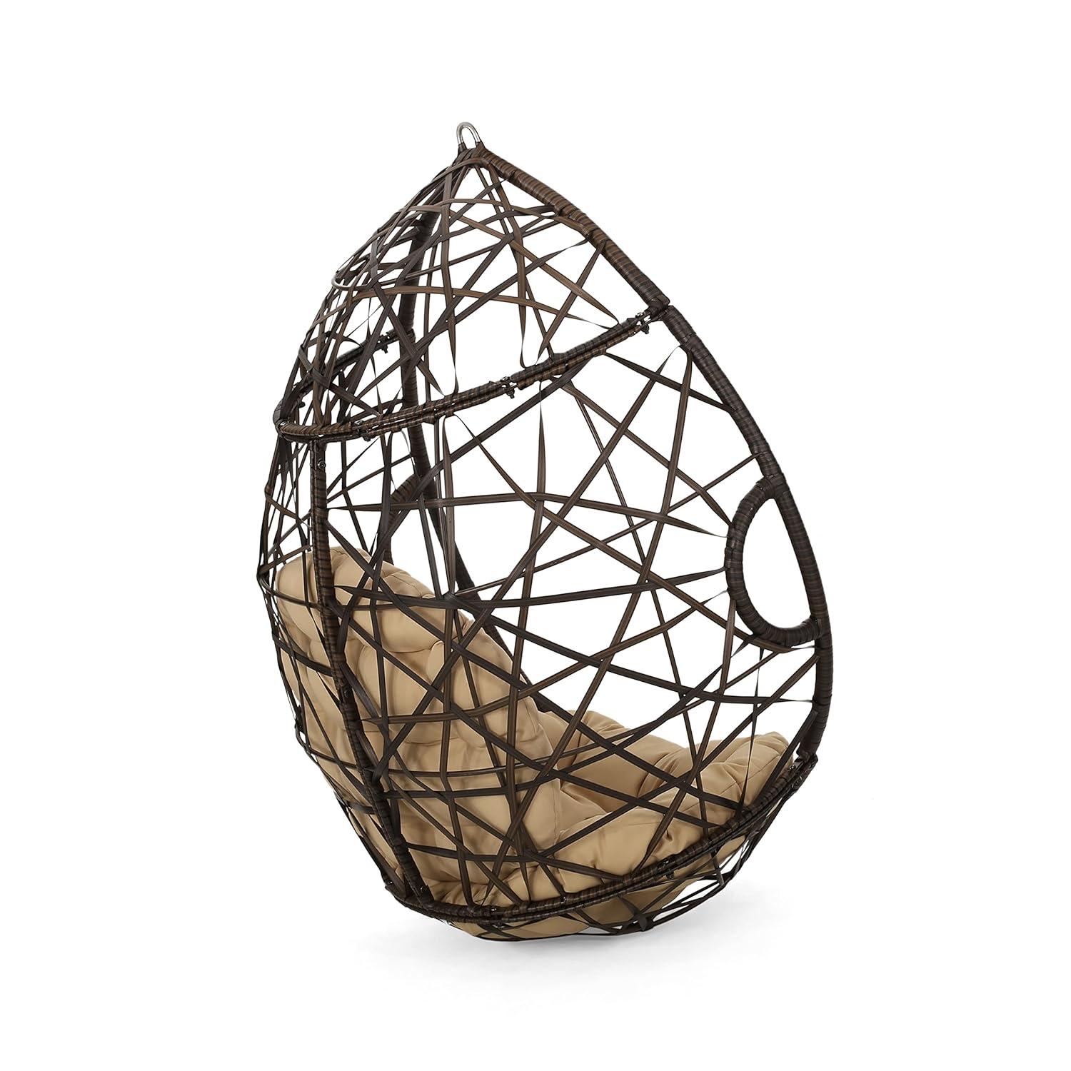 Cayuse Wicker Tear Drop Hanging Chair - Brown/Tan - Christopher Knight Home: Outdoor Patio Swing with Cushion