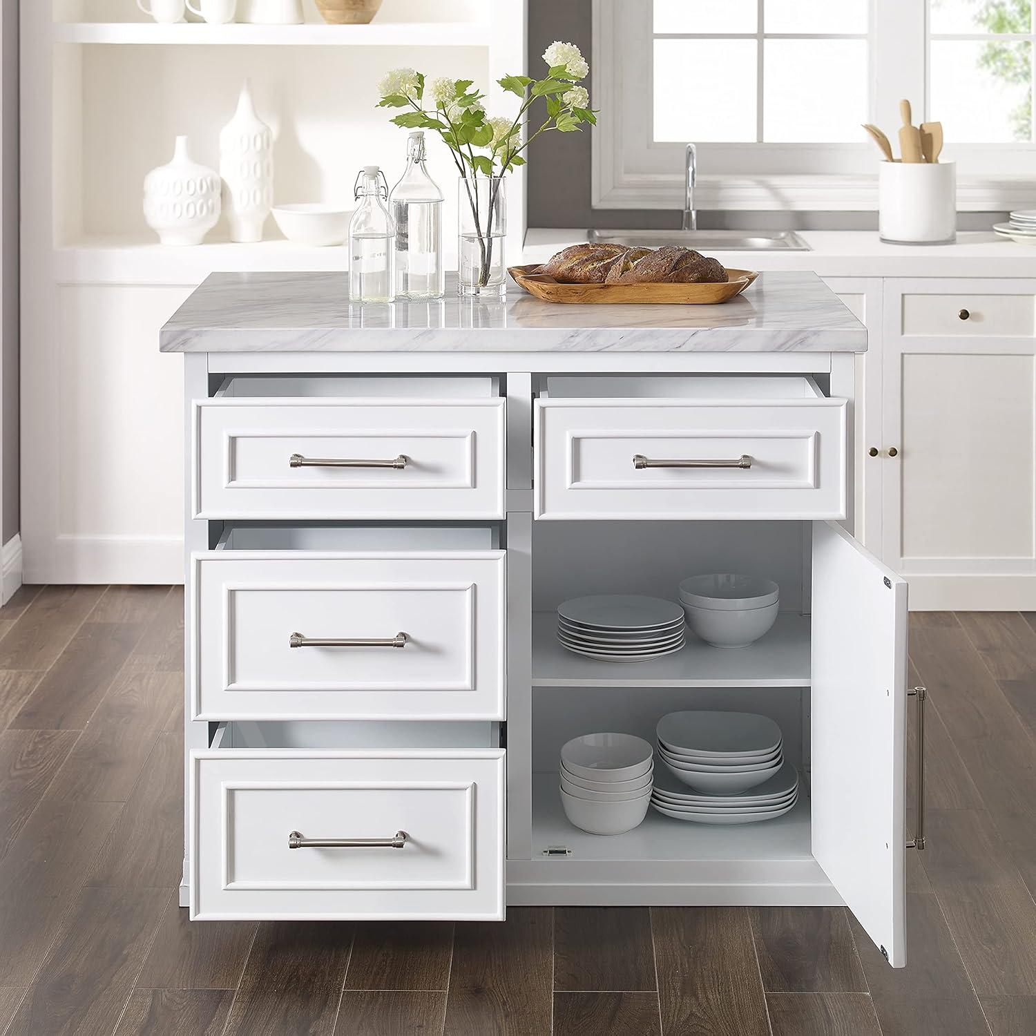 Crosley Cutler Faux Marble Top Kitchen Island White/White Marble: Traditional Style Cart with Adjustable Shelves, Storage