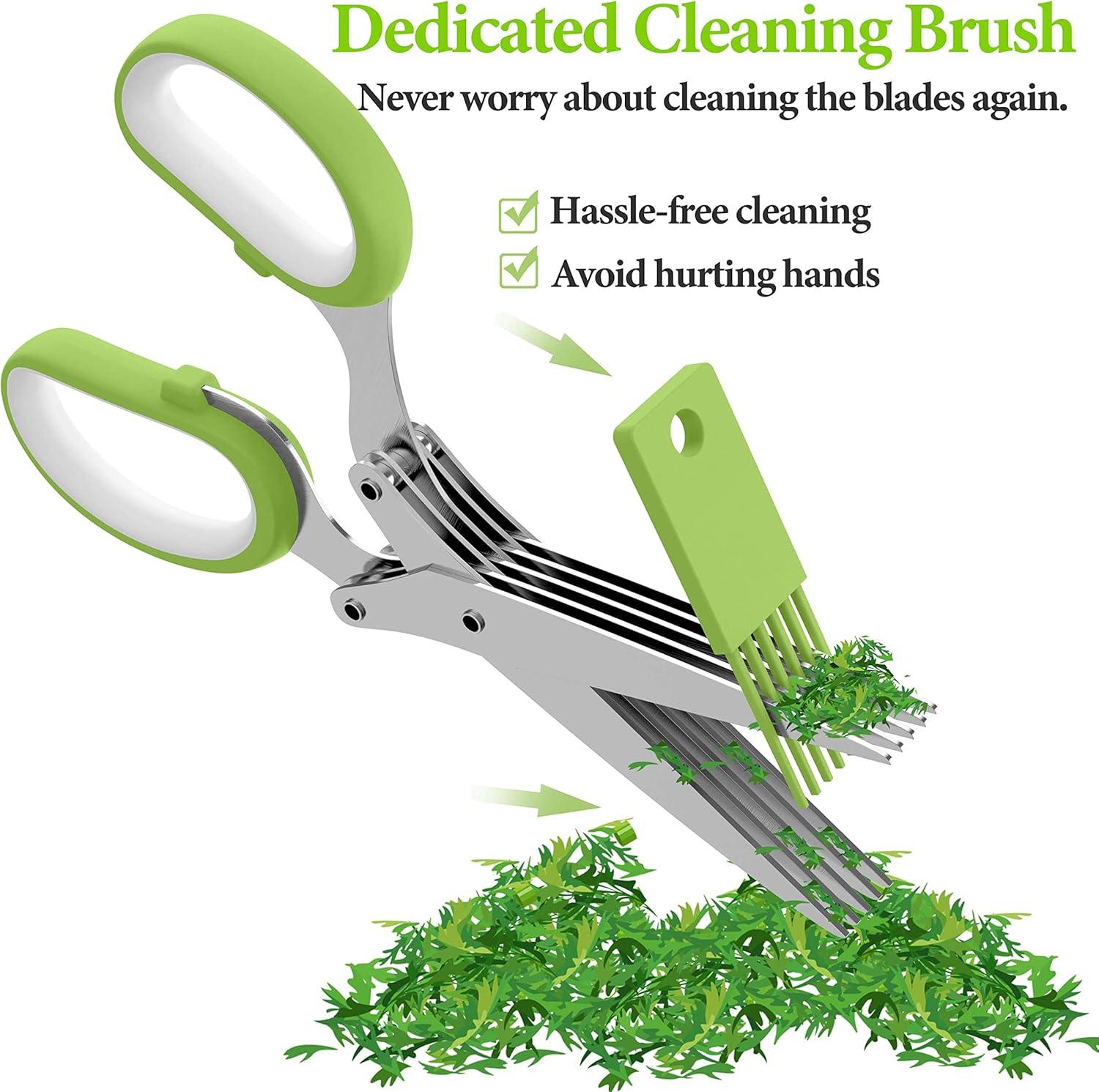 Herb Scissors, Kitchen Herb Shears Cutter with 5 Blades and Cover, Sharp Dishwasher Safe Kitchen Gadget - Green C49