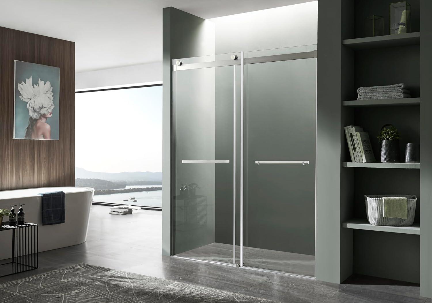 76" H x 60" W Sliding Frameless Shower Door Clear Glass Brushed Kahn Series