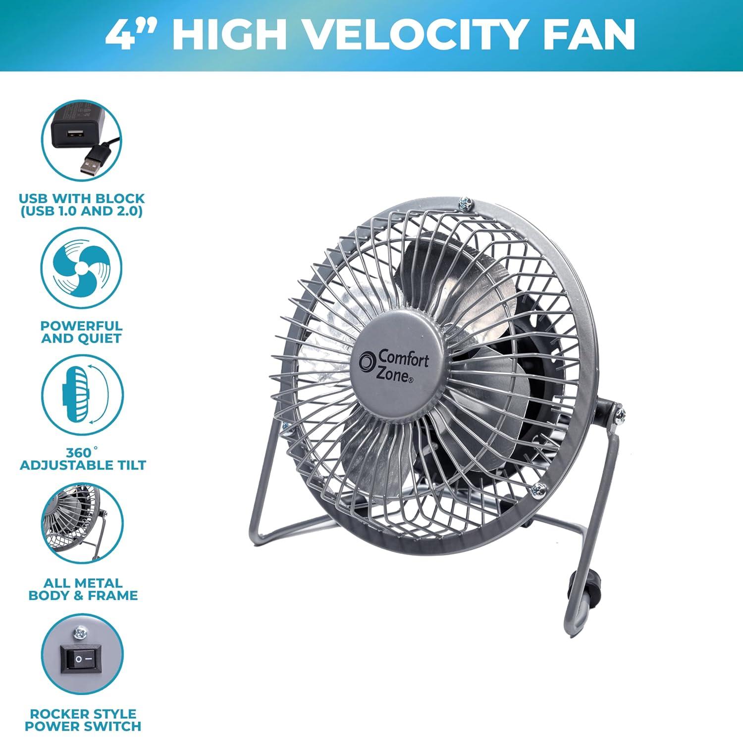 Comfort Zone 4" Metal Portable Desk Fan, Dual Powered (USB or Power Cord)