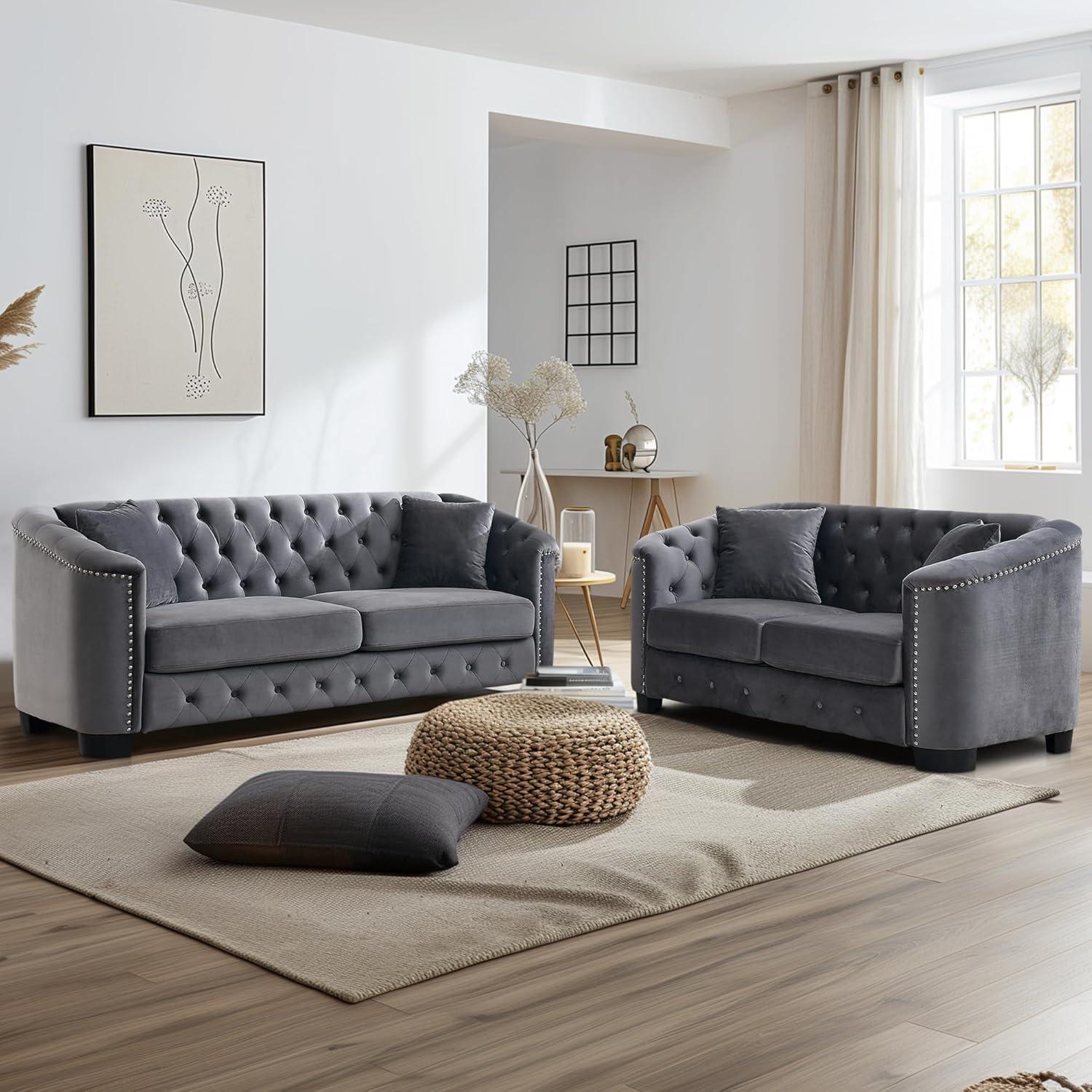 House of Hampton® House of Hampton® 2 Piece Chesterfield Sofa Set, Upholstered 77" Velvet 3 Seater Sofa + 59" Velvet Loveseat