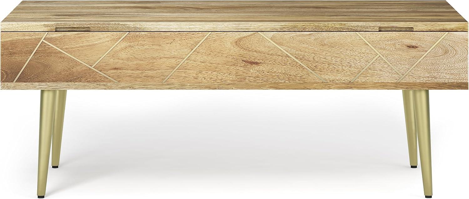 Simpli Home Jager 48"W Solid Mango Wood Contemporary Modern Lift Top Coffee Table with Hidden Storage and Geometric Brass Inlay