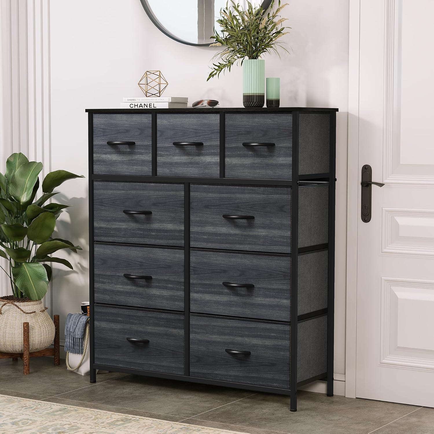 YITAHOME Dresser with 9 Drawers - Fabric Storage Tower, Organizer Unit for Living Room, Hallway, Closets - Sturdy Steel Frame, Wooden Top & Easy Pull Fabric Bins (Charcoal Black Wood Grain)