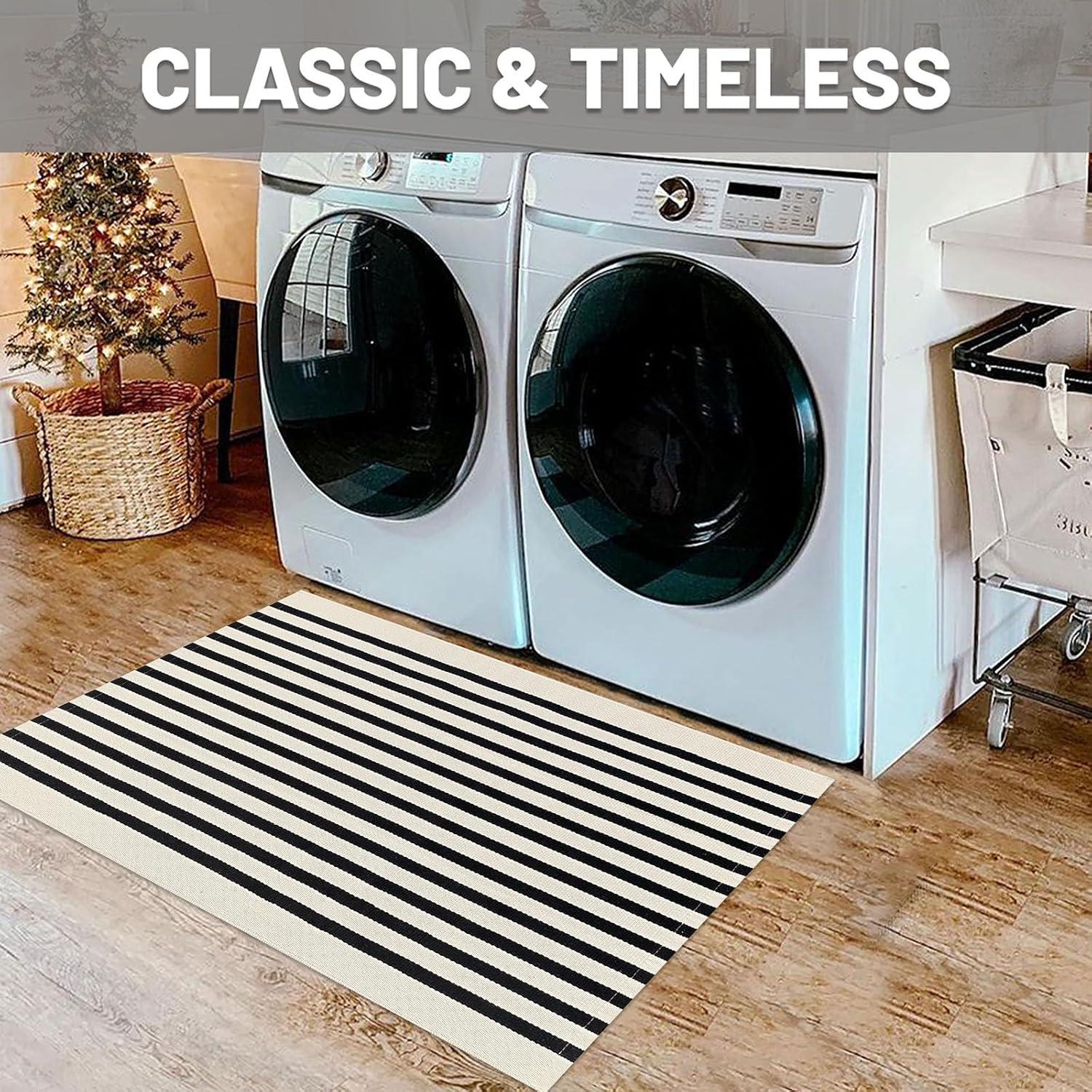 IOHOUZE Navy and White Striped Rug 2'x3' Front Door Rugs, Small Washable Area Rug for Front Porch, Spring Summer Doormats Outdoor Indoor, Cotton Rugs for Entryway Porch Entrance