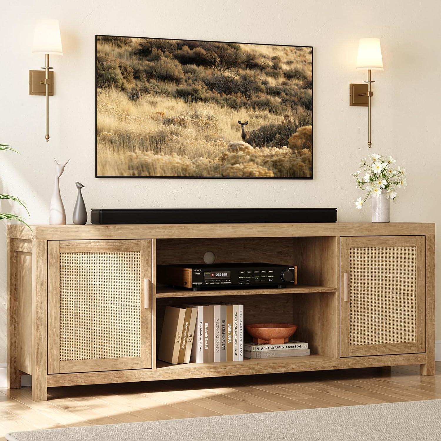 Whizmax Rattan TV Stand for 75 Inch, Boho Entertainment Center with 2-Tier Storage, Wooden Media Console Cabinet for Living Room Bedroom Natural Oak