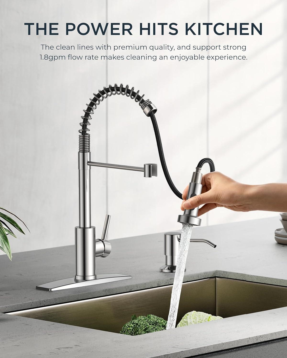 Chrome High-Arc Kitchen Faucet with Pull-Out Spray and Soap Dispenser