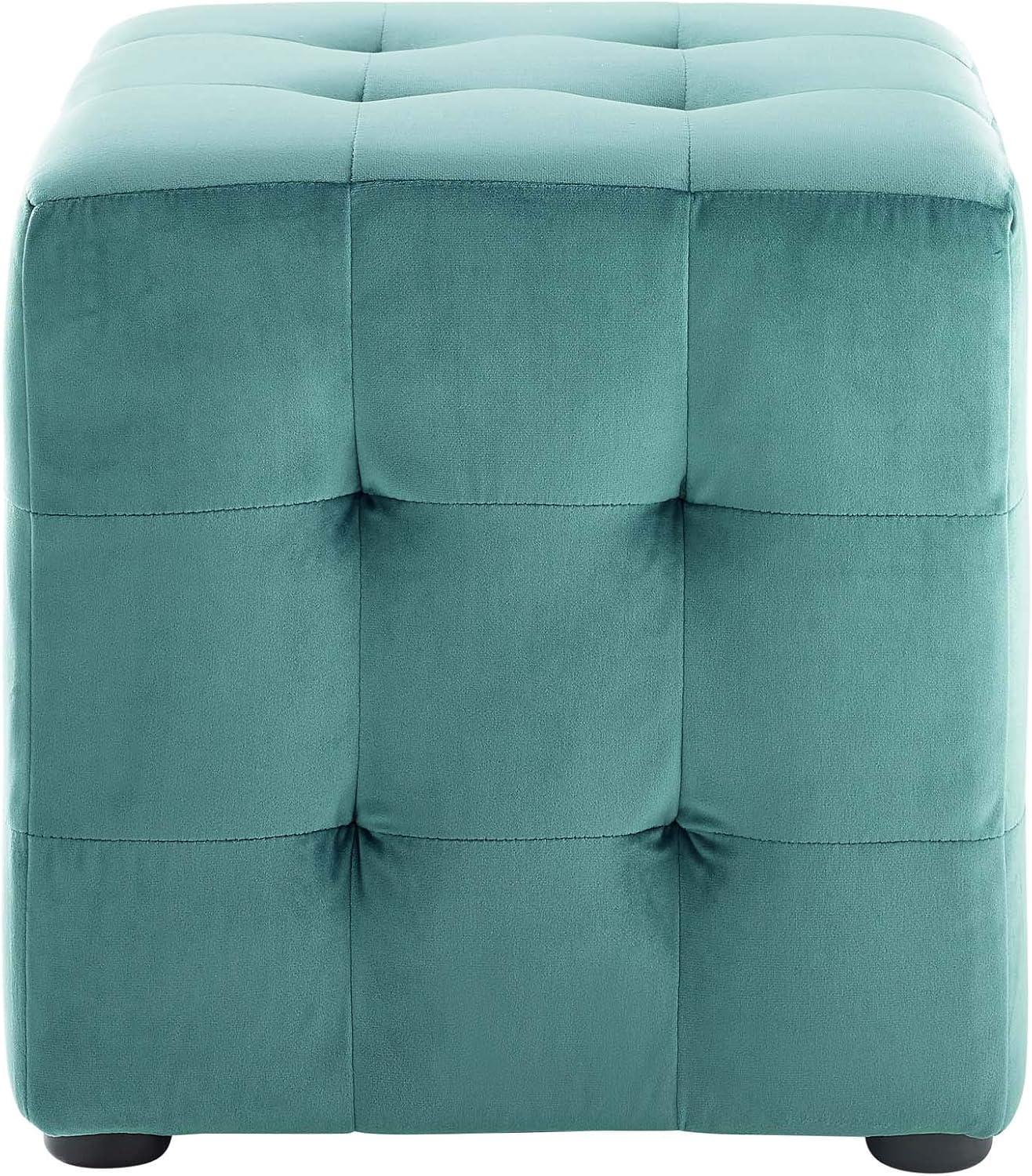 Teal Tufted Velvet Cube Ottoman with Button Details