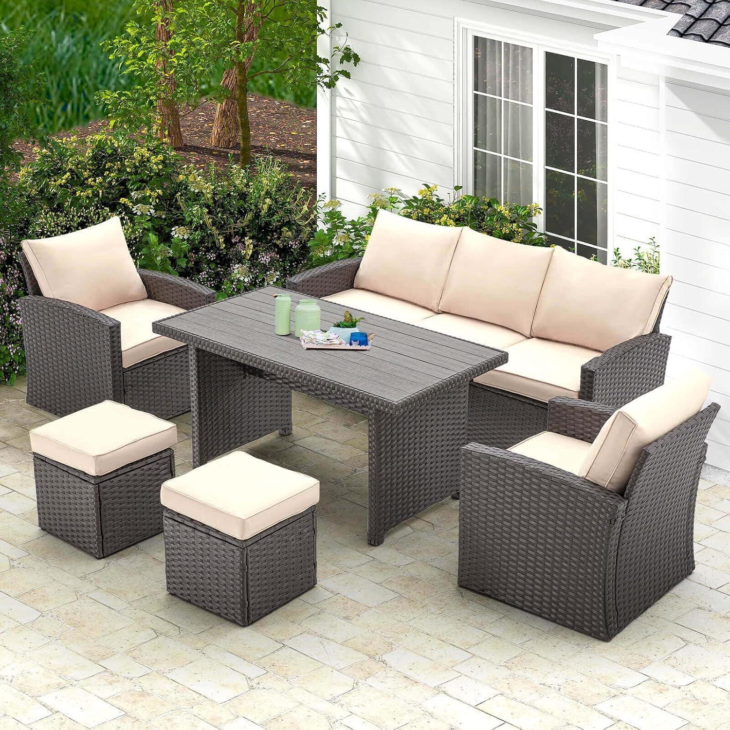 Vicluke 6 Pieces Patio Furniture Sets Clearance, Conversation Set All Weather Wicker Rattan Couch Beige