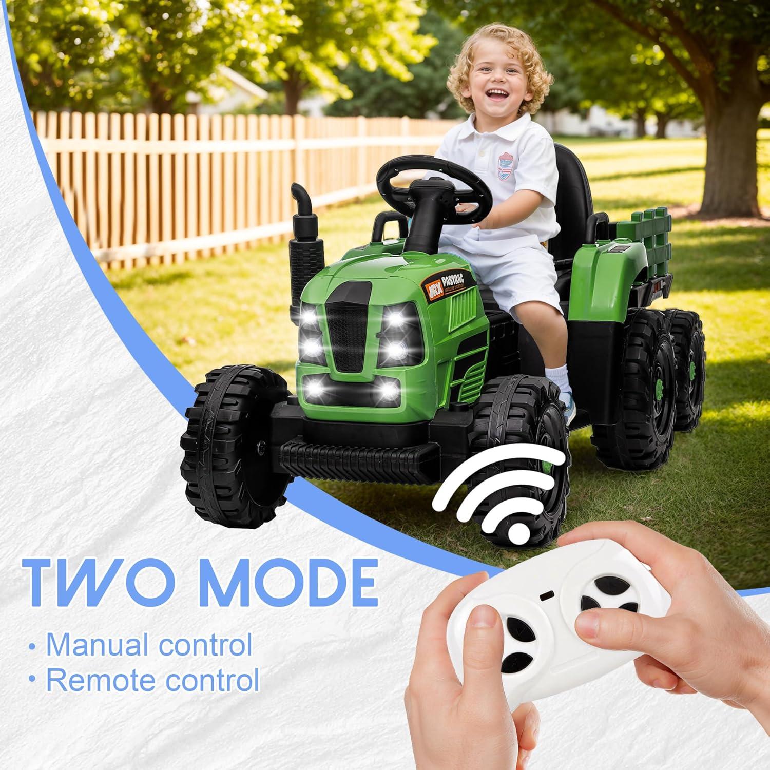 24V 400W Powered Electric Tractor for Kids, 3-Speed Ride On Tractor with Remote Control, USB/MP3/Bluetooth, LED Lights, Safety Belt, 1.86-4.97 MPH，Green