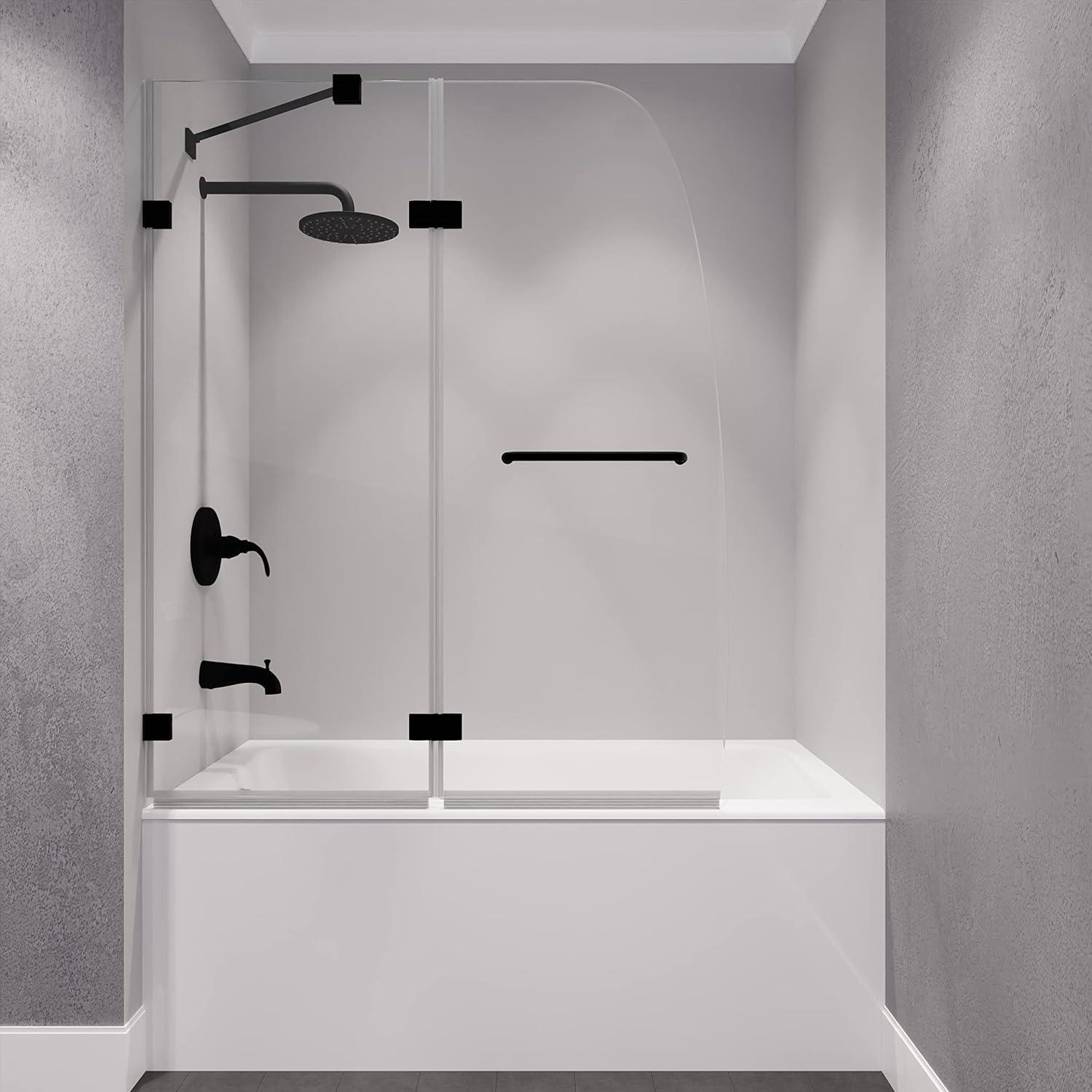 Matte Black Frameless Hinged Glass Shower Tub Door, 48" x 58"