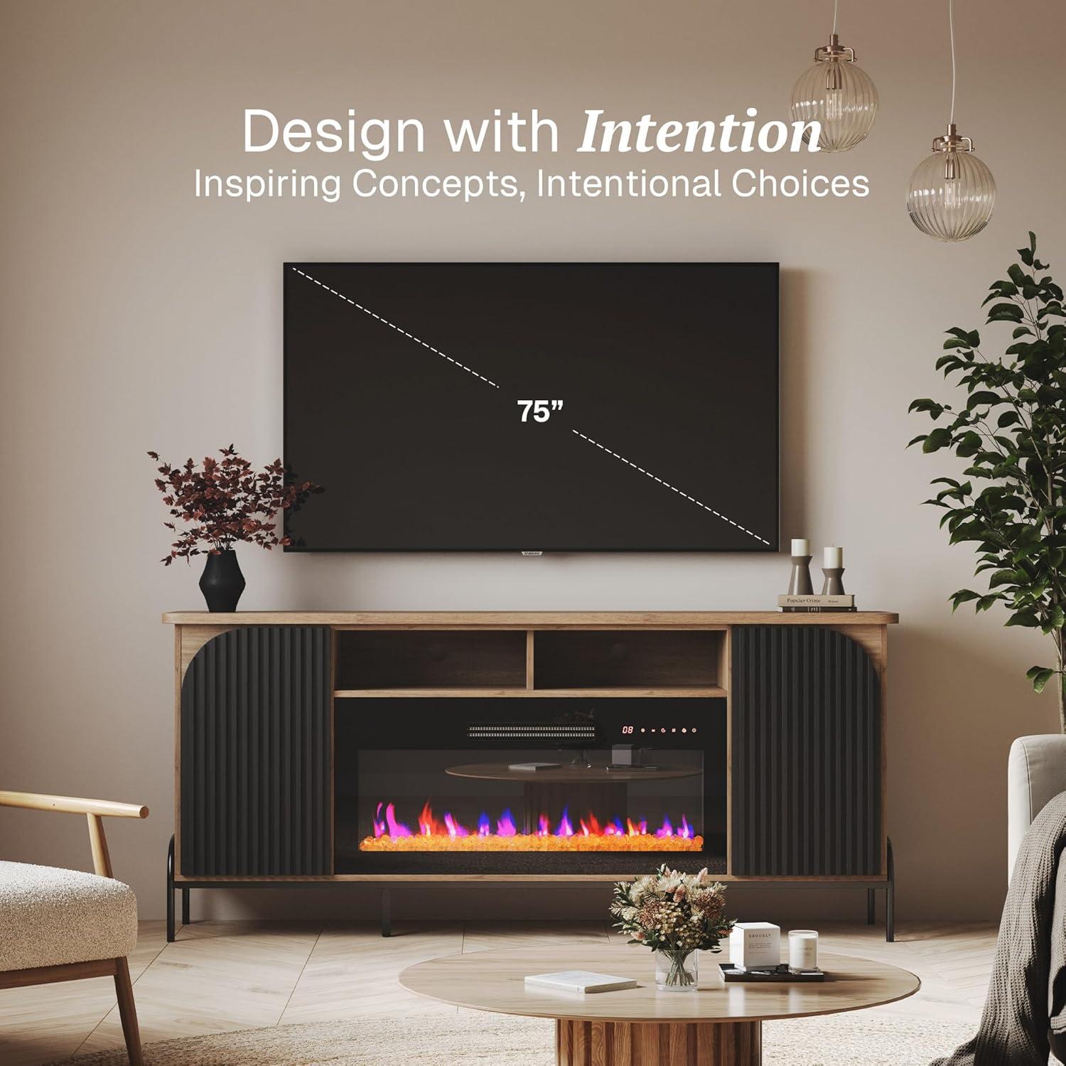 Belleze 68" Fluted TV Stand with 36" Electric Fireplace, Modern Entertainment Center with Storage for TVs Up to 75", Media Console with Curved Panel & Door