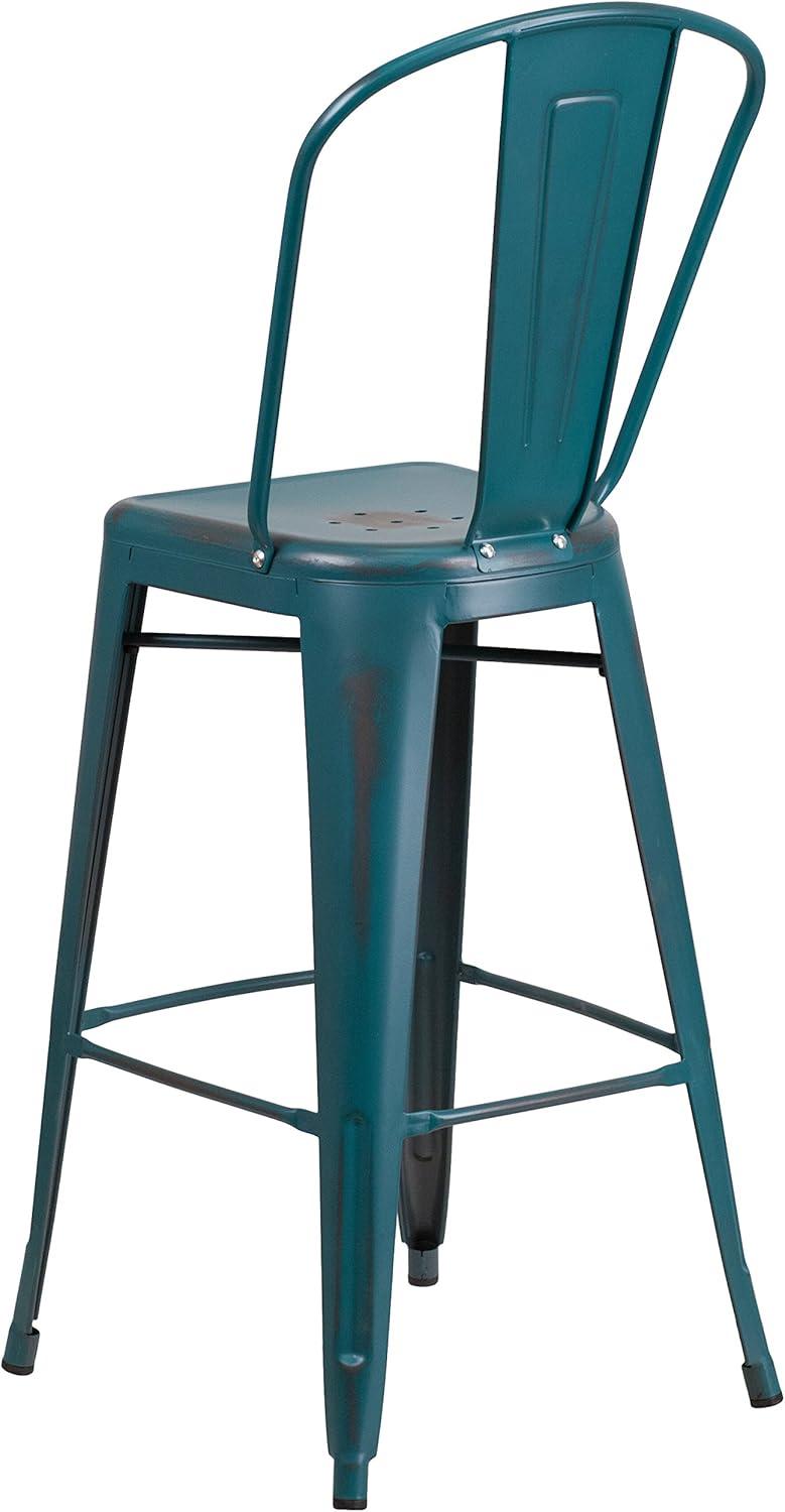 Flash Furniture Commercial Grade 30" High Distressed Kelly Blue-Teal Metal Indoor-Outdoor Barstool with Back