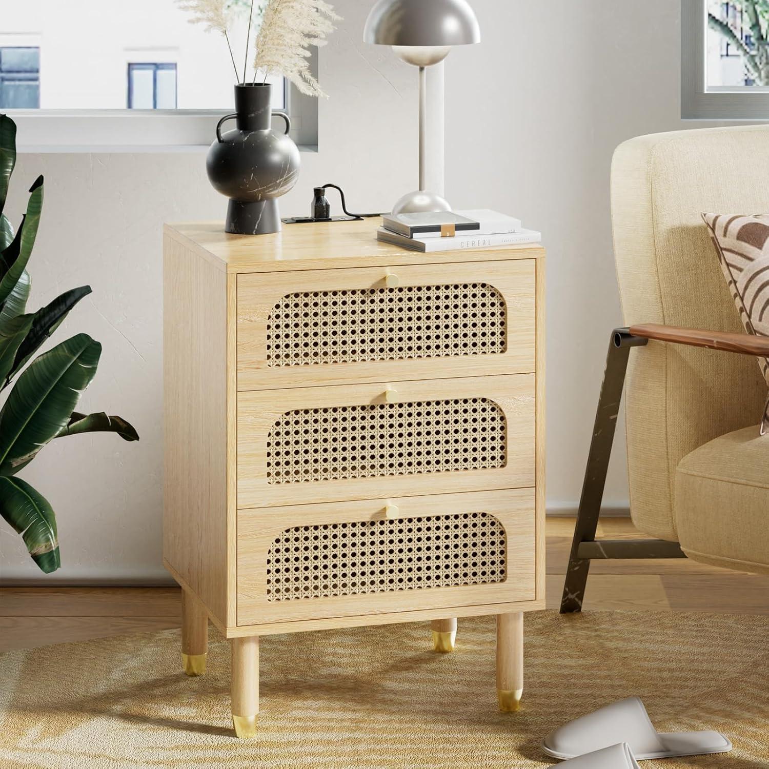 Rattan Nightstand with 3 Drawers Black