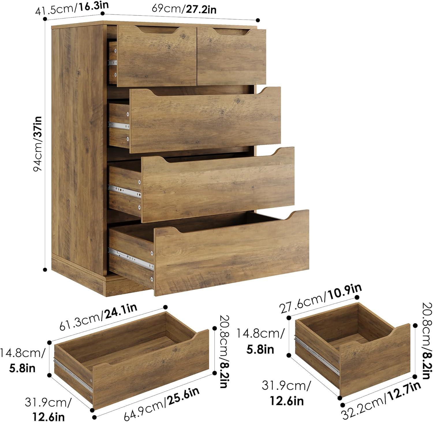 Homfa Dresser for Bedroom, Wood Storage Chest of 5 Drawers with Cutout Handles for Living Room, Rustic Brown