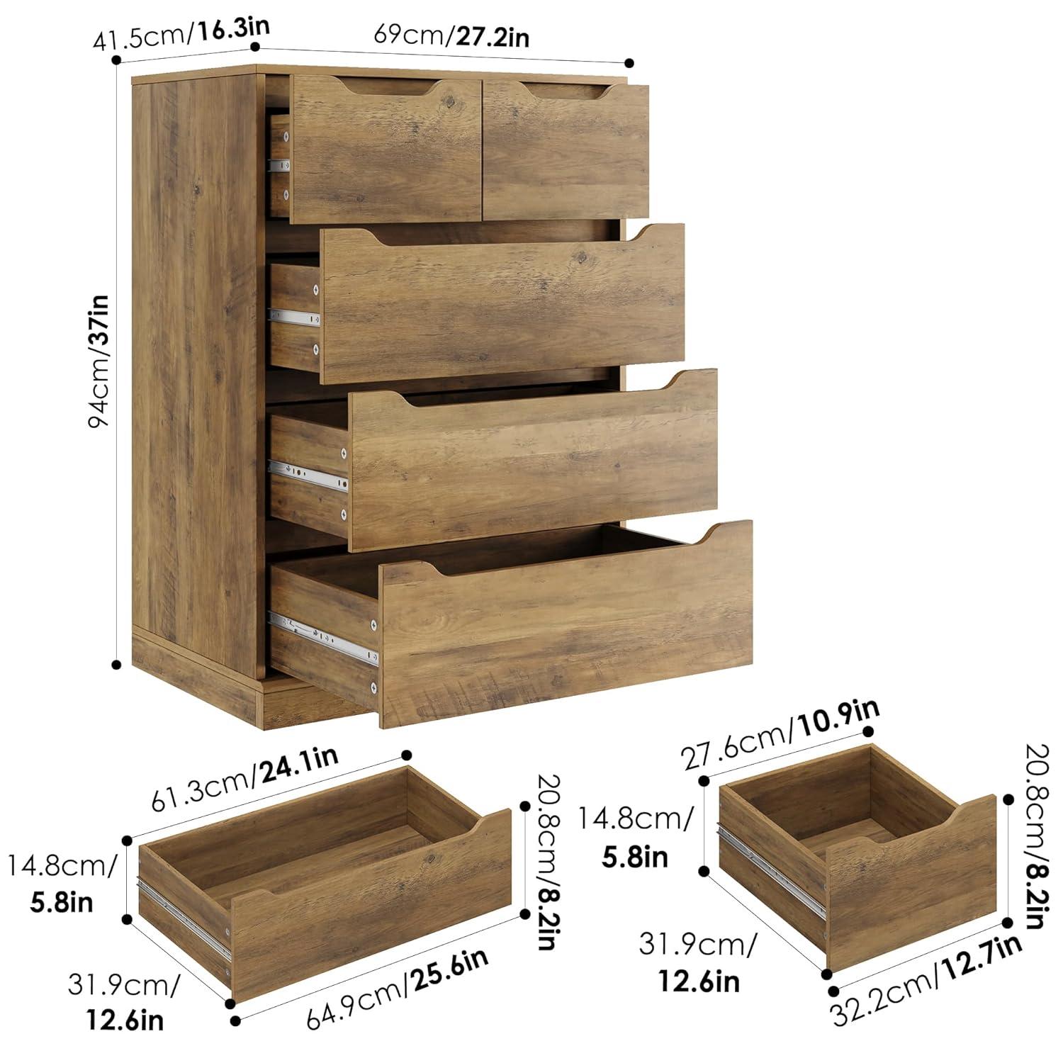Homfa Dresser for Bedroom, Wood Storage Chest of 5 Drawers with Cutout Handles for Living Room, Rustic Brown
