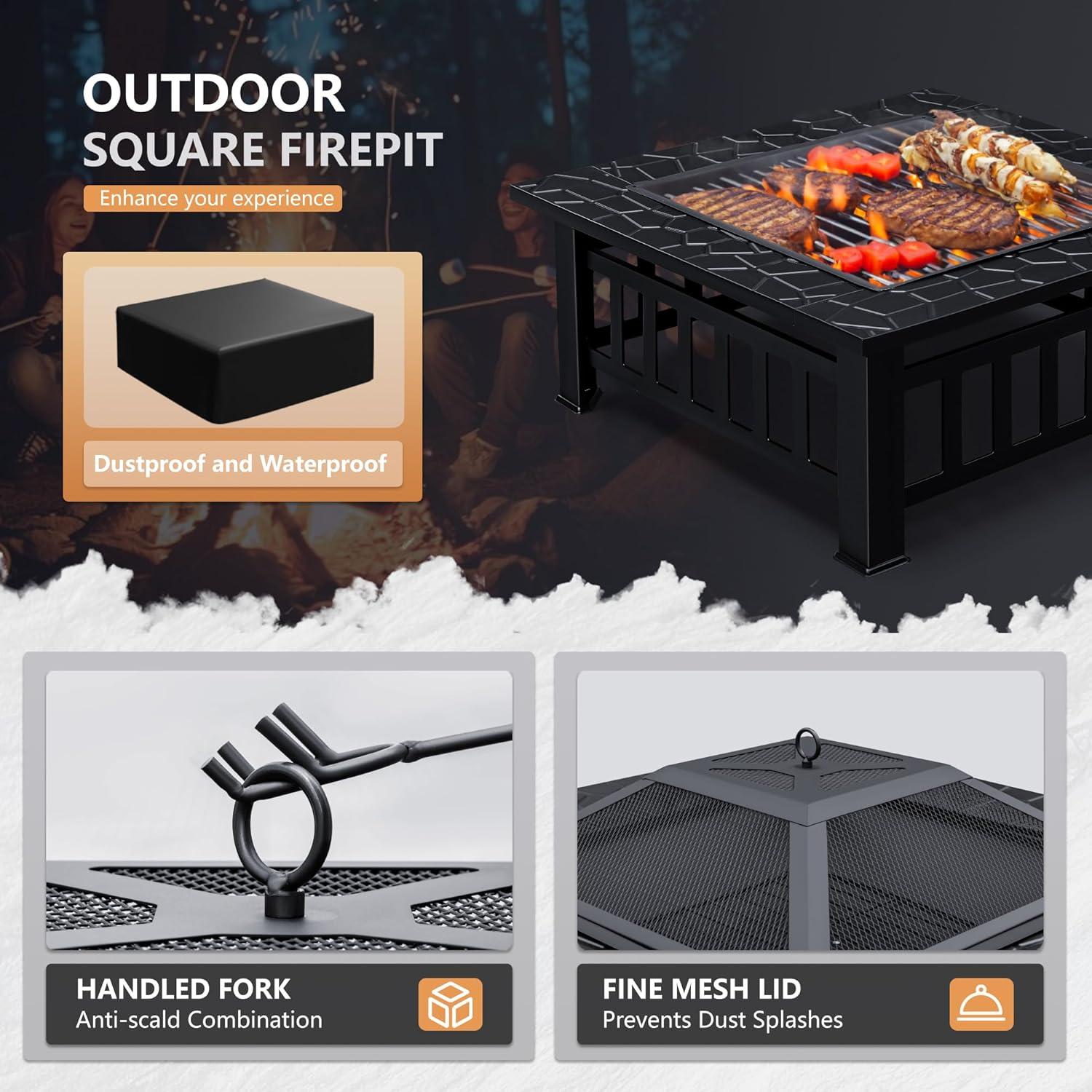 32'' Black Square Metal Fire Pit Table with Spark Screen and Rain Cover