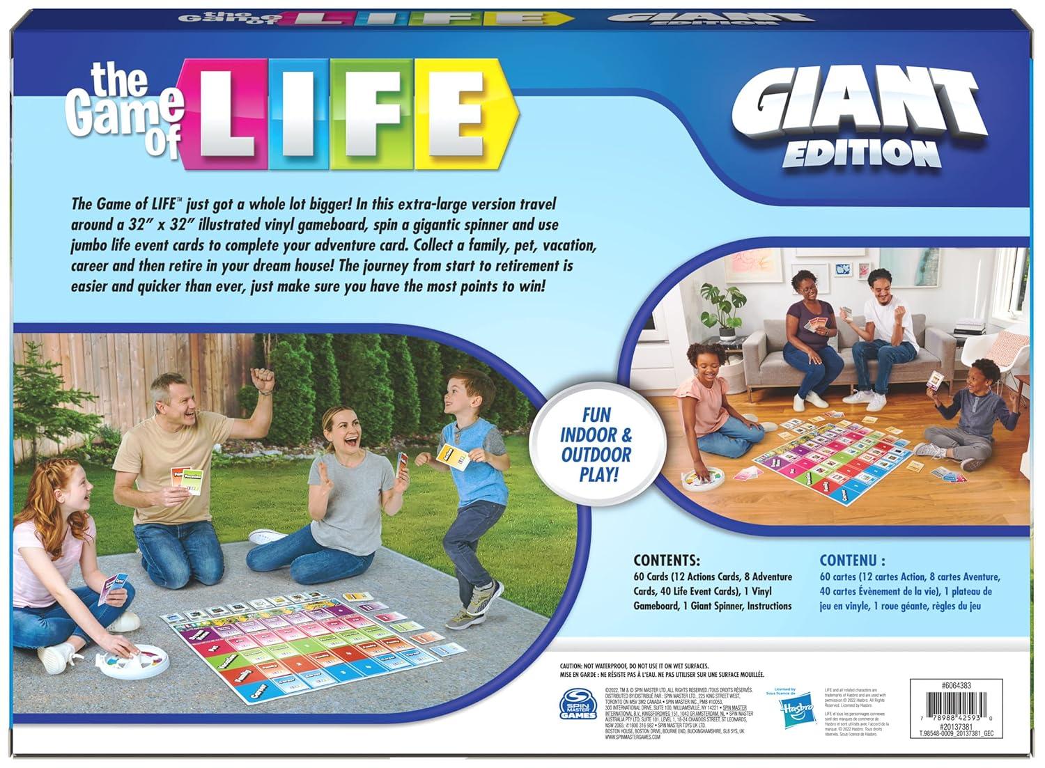 The Game of Life, Giant Edition Family Board Game Indoor/Outdoor Fun Game with Big Oversized Gameboard Cards Spinner, for Adults and Kids Ages 8 and Up