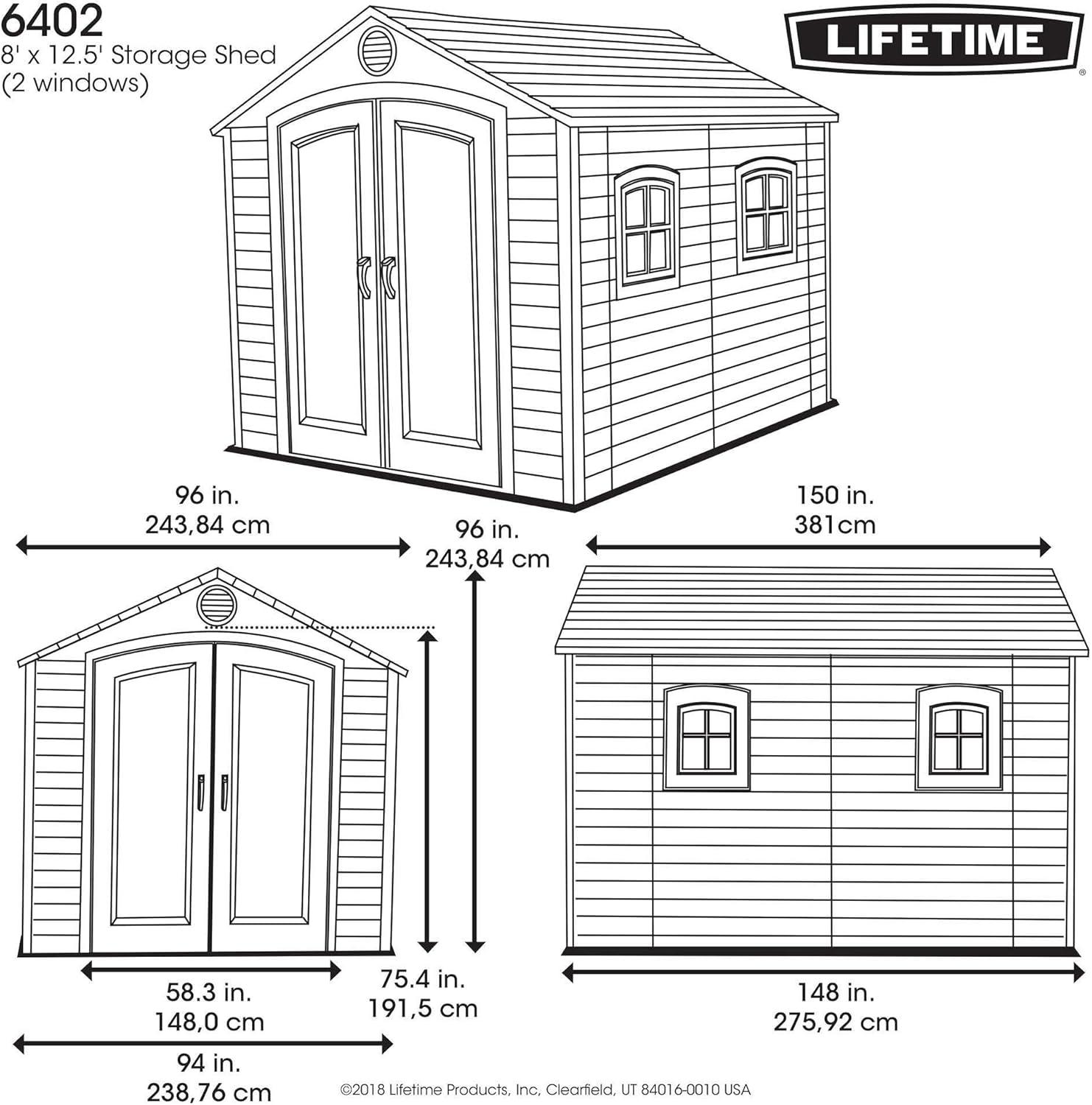 Lifetime 8 ft. x 12.5 ft. Polyethylene Outdoor Double Door Storage Shed - 6402