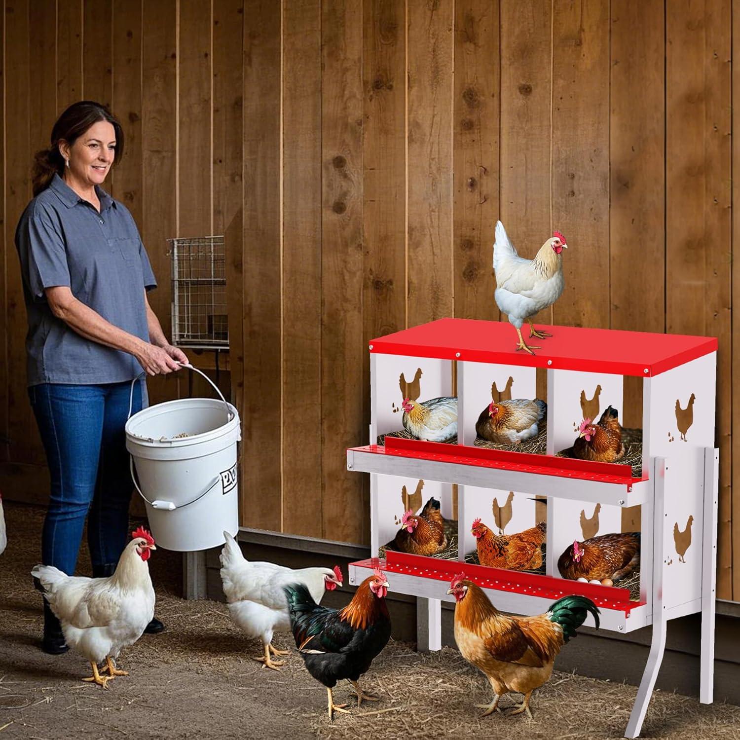 Nesting Boxes for Chickens, 6 Compartment Chicken Nesting Box with Metal Legs, Metal Chicken Laying Boxes with Perch, Secure Lid, Versatile Wall Mount or Free Standing for Hens, Red