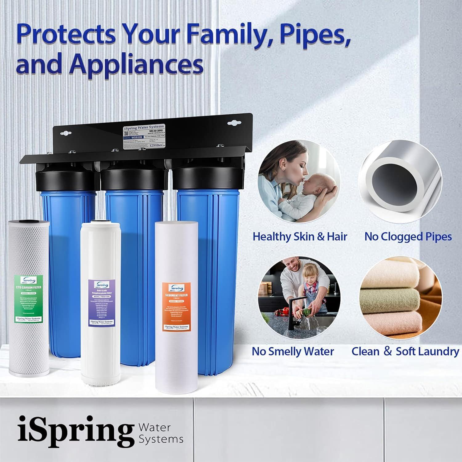 iSpring WGB32B-DS Whole House Water Filter System w/ Sediment, Polyphosphate Anti-Scale, and Carbon Block Water Filters, 3-Stage Water Descaler and Water Filter