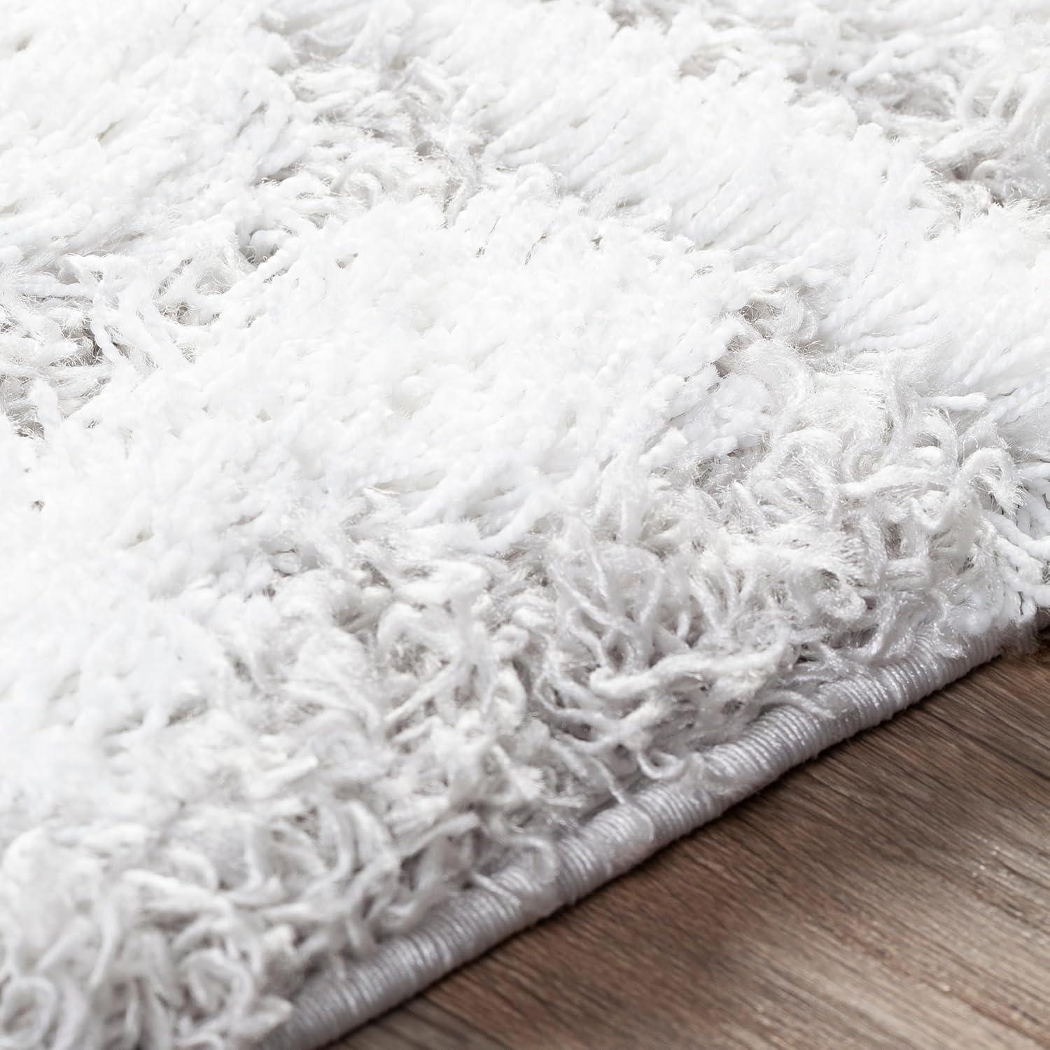Large White and Light Gray Synthetic Shag Area Rug