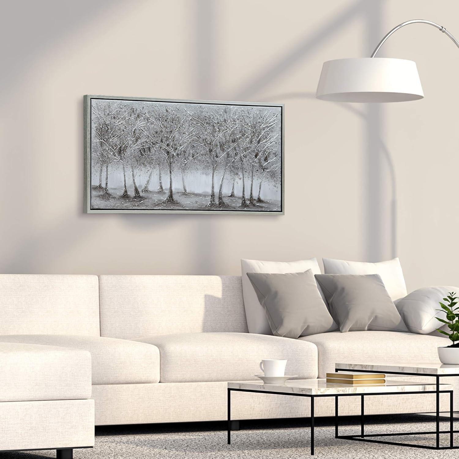 Silver Trees Abstract Hand Painted Canvas with Champagne Frame