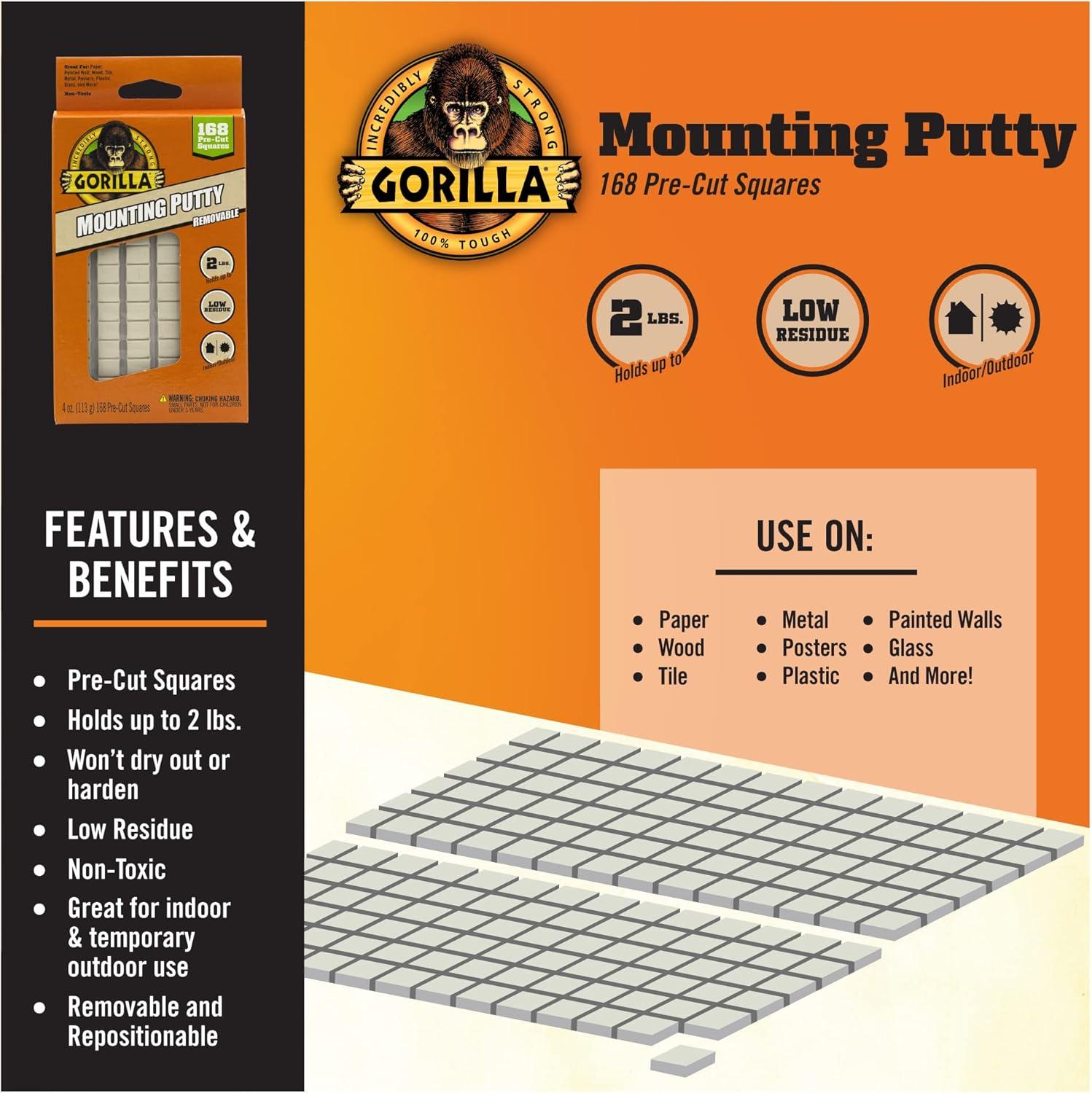 Gorilla Glue Brand Mounting Putty 4oz 24pc for Hardware Adhesives Recommended Surface