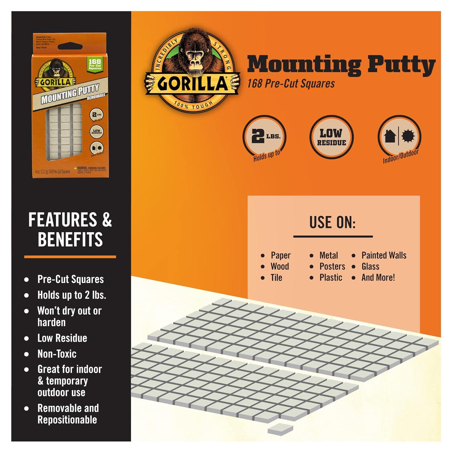 Gorilla Glue Brand Mounting Putty 4oz 24pc for Hardware Adhesives Recommended Surface