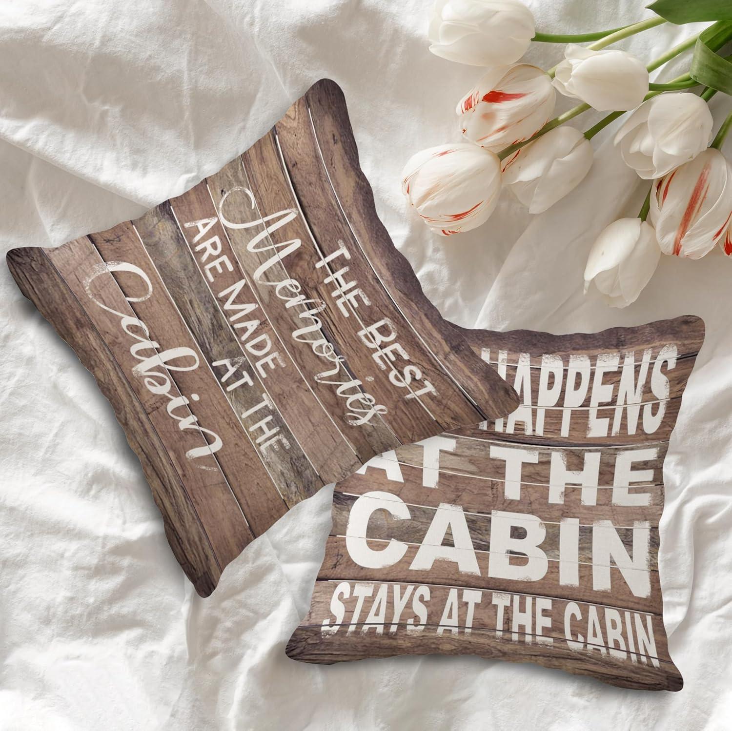 (RB) Life is Better at The Cabin Vintage Wood Grain Throw Pillow Case, 18 x 18 Inch Set of 4, Cabin Outdoor Porch Decorative, Cabin Decor, Cabin Rules Decor, Cabin Pillows Cover for Sofa Couch Bed
