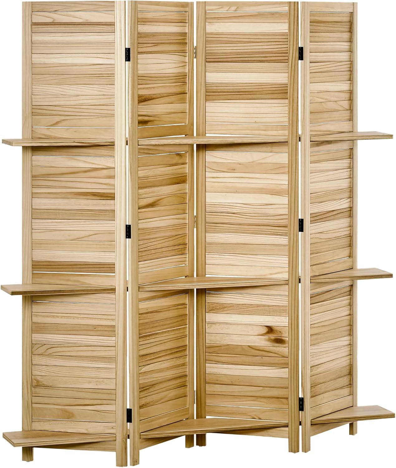 HOMCOM Room Divider, 4 Panel 67" Tall Wood Privacy Screen with 3 Display Shelves, and Folding Storage for Bedroom or Home Office, Natural Wood Color