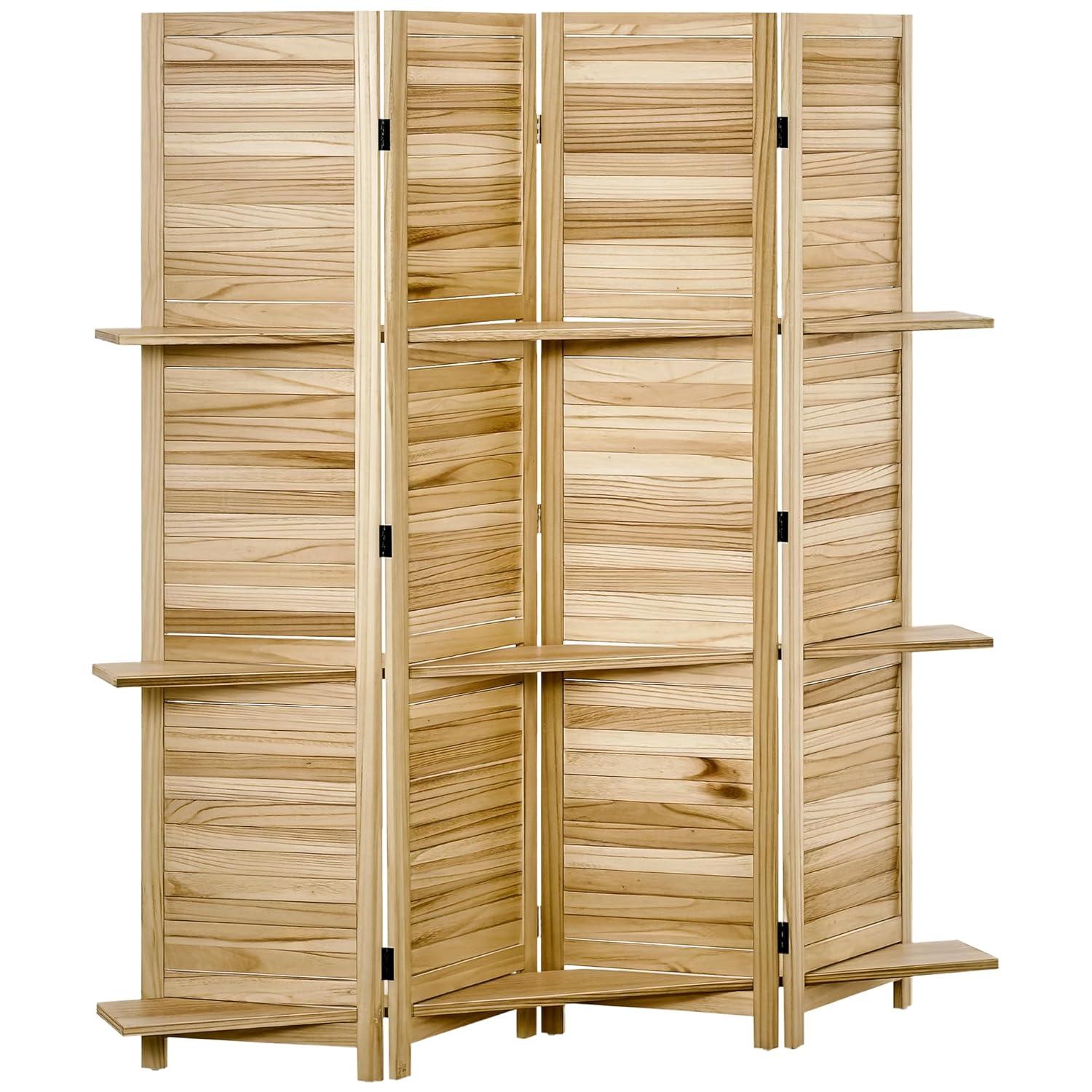 HOMCOM Room Divider, 4 Panel 67" Tall Wood Privacy Screen with 3 Display Shelves, and Folding Storage for Bedroom or Home Office, Natural Wood Color