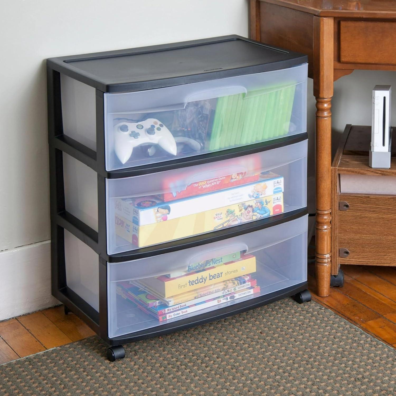 Sterilite Storage Drawer, 3 Drawer Wide Plastic Storage Cart with Clear Pull Out Drawers, Black
