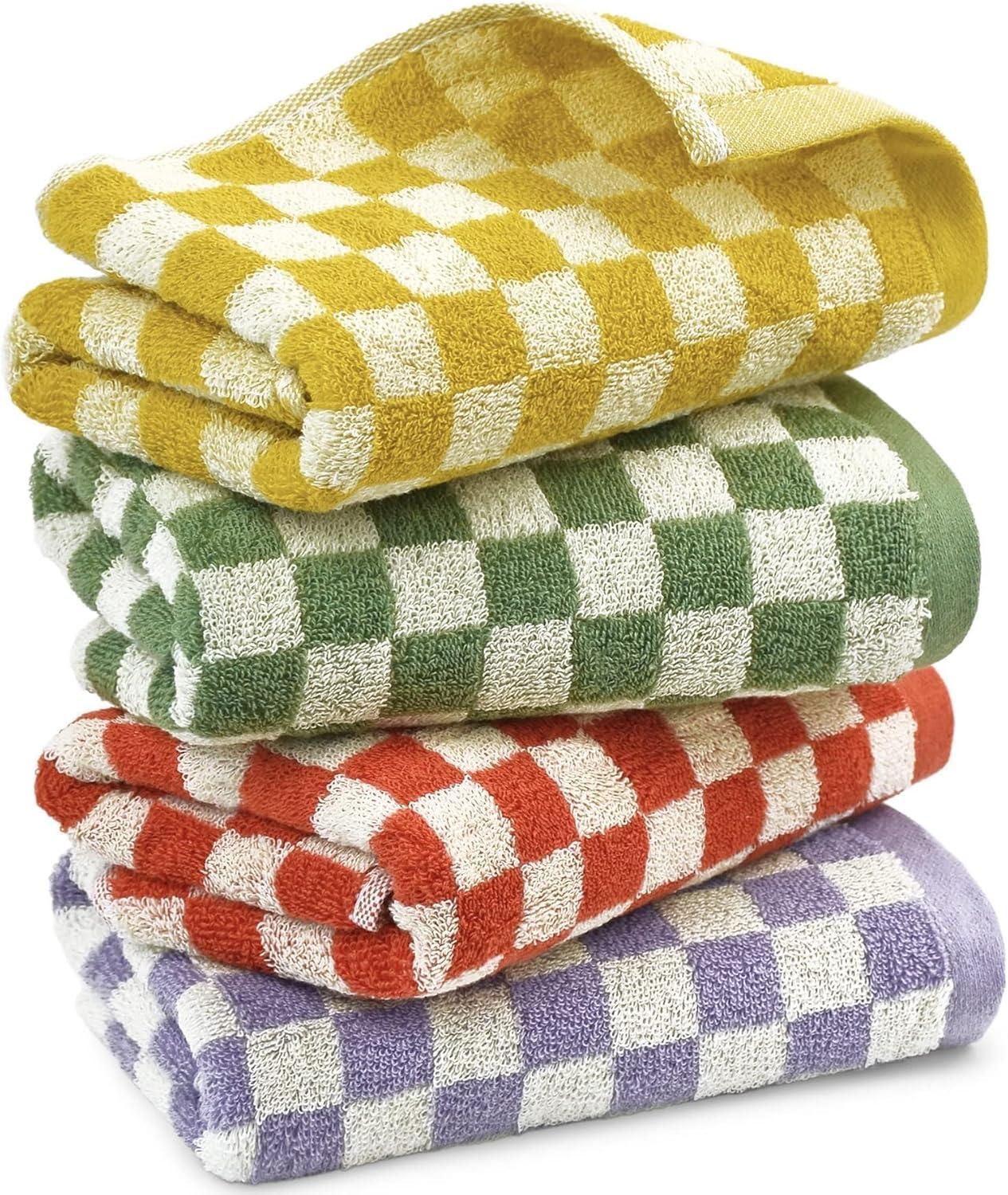 Checkered Cotton Hand Towels Set for Kids, 4 Pack