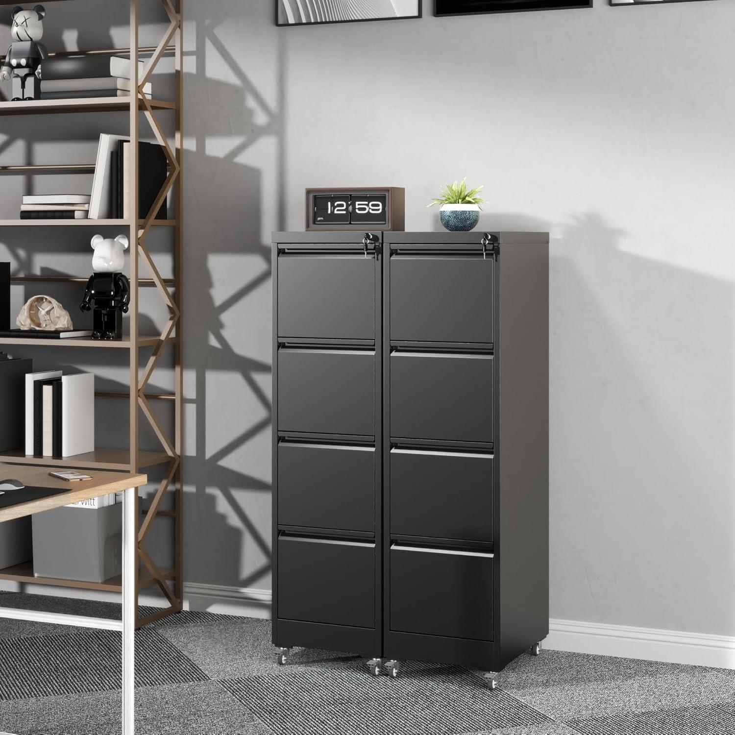 MIIIKO File Cabinet 3 Drawers on Wheels Under Desk, Black Metal Rolling File Cabinets with Lock for Home Office, Un-Assembled Filing Cabinet with Lock
