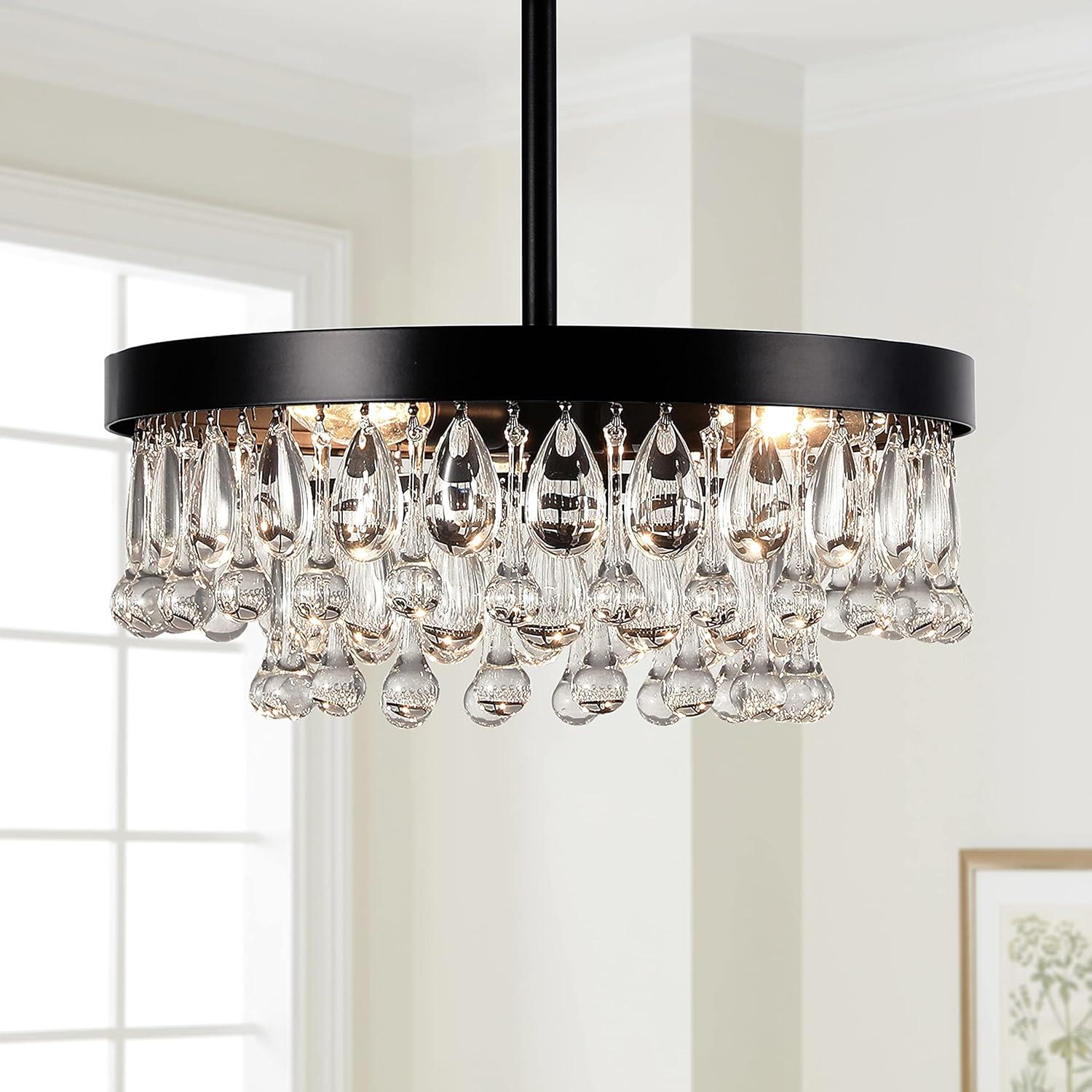 SEOL-Light Vintage Black Crystal Drops Close to Ceiling Light Fixture Round Tiered Chandeliers Large Flush Mount for Bedroom,Kitchen,Hallway,Dimmable,3 Light,120W,E12,15 Dia*6" H;