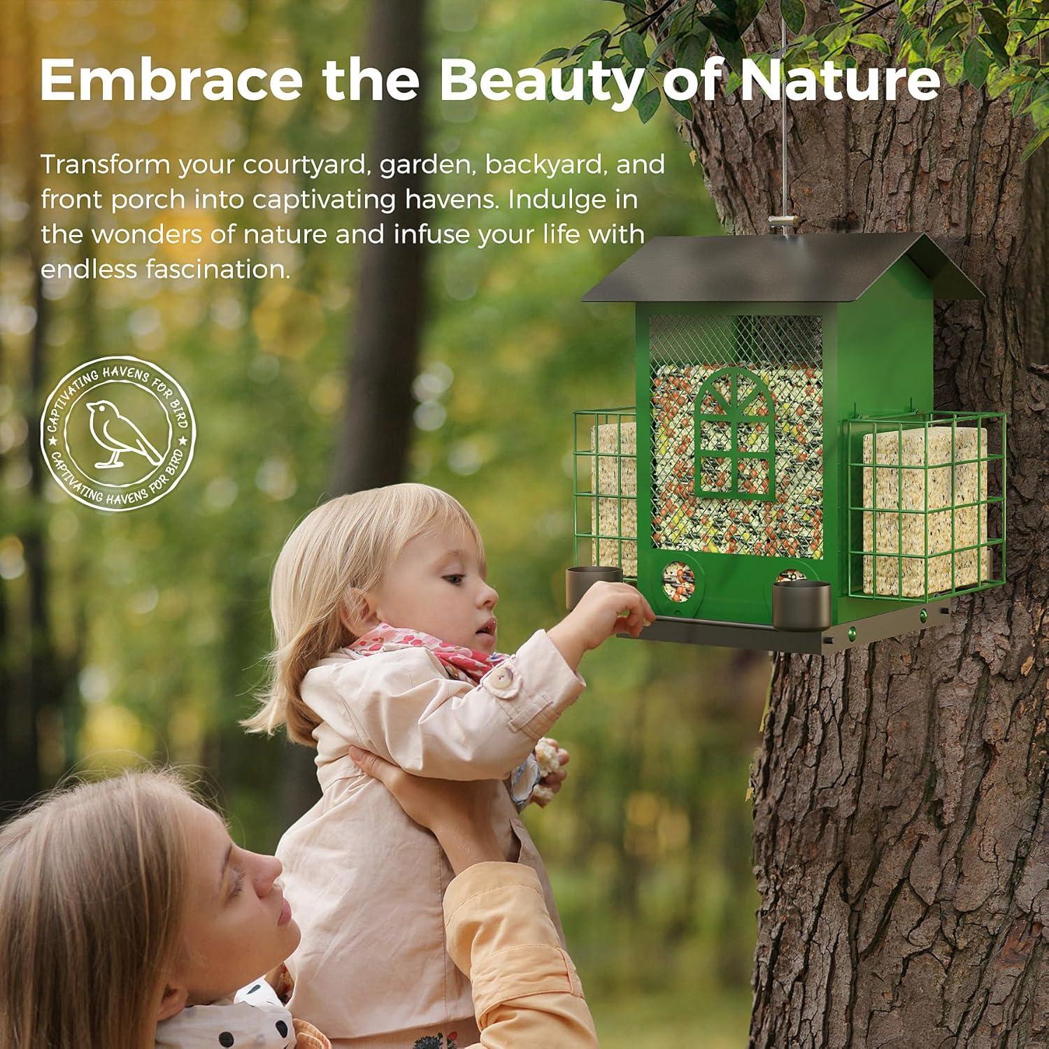 PerchMe®Bird Feeders for Outdoors Hanging, Metal Bird House Feeder with 2 Suet Cage and 4 Water Cups,Large Capacity,Weatherproof,Easy to Clean & Refill-Green