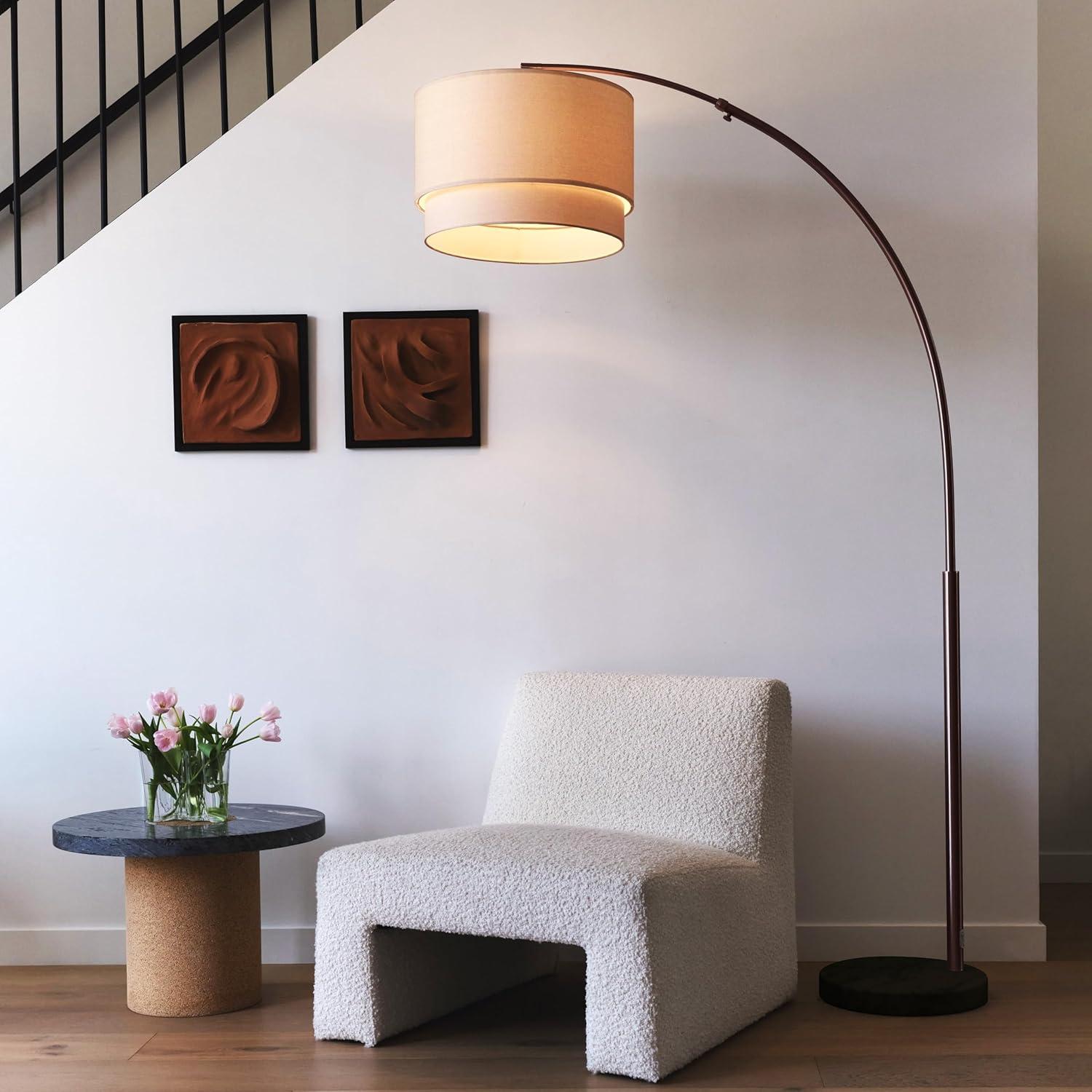 Mason 81 in. Modern Adjustable LED Arched Standing Floor Lamp with Fabric Drum Shade and Weighted Marble Base