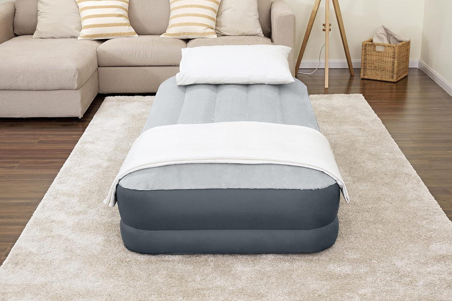 Twin Gray Polyester Inflatable Air Mattress with Built-in Pump