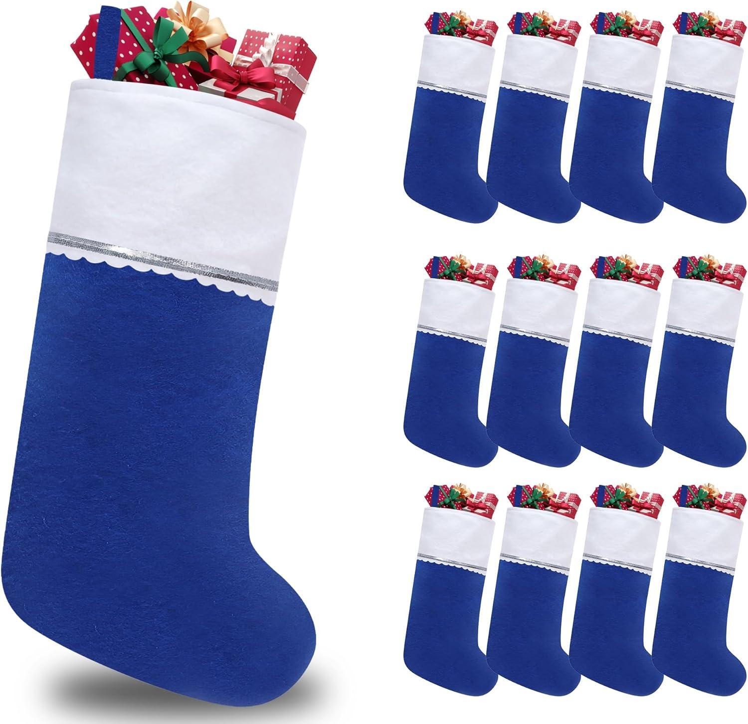 12 Pack Blue and White Felt Christmas Stockings with Silver Trim