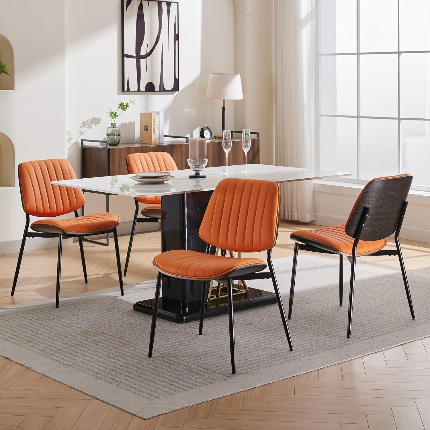 Mid-Century Modern Orange Faux Leather Dining Chairs with Metal Legs