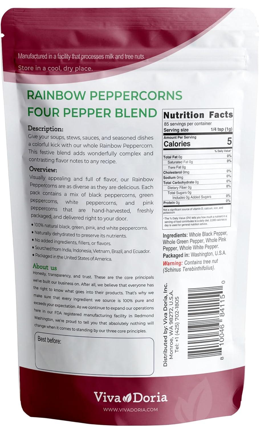 Viva Doria Rainbow Peppercorns - Four Peppercorn Blend, Whole Black, Green, Pink and White Pepper, Steam Sterilized 6 Oz, For Grinder Refill