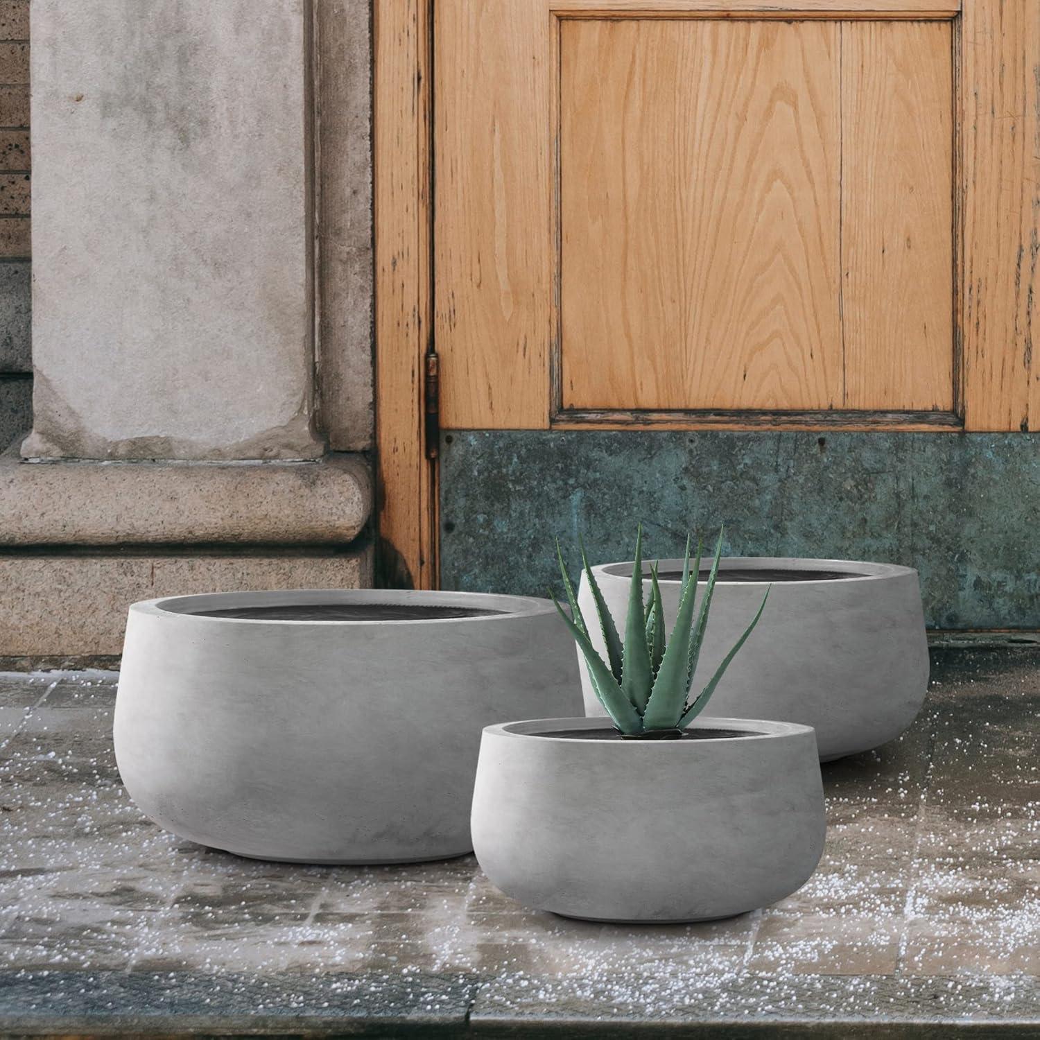 Set of 3 Round Gray Concrete Planters with Drainage