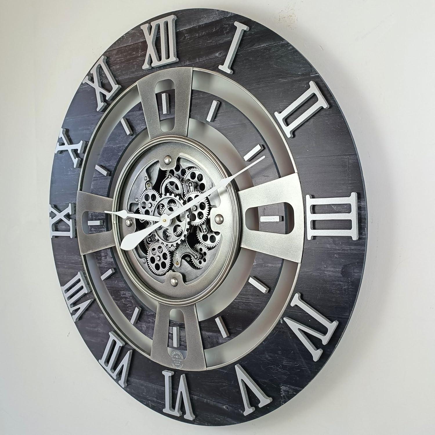 THE GEARS CLOCK Wall Clock with Real Moving Gears EN-LI_ 36 in Round Vintage-Black